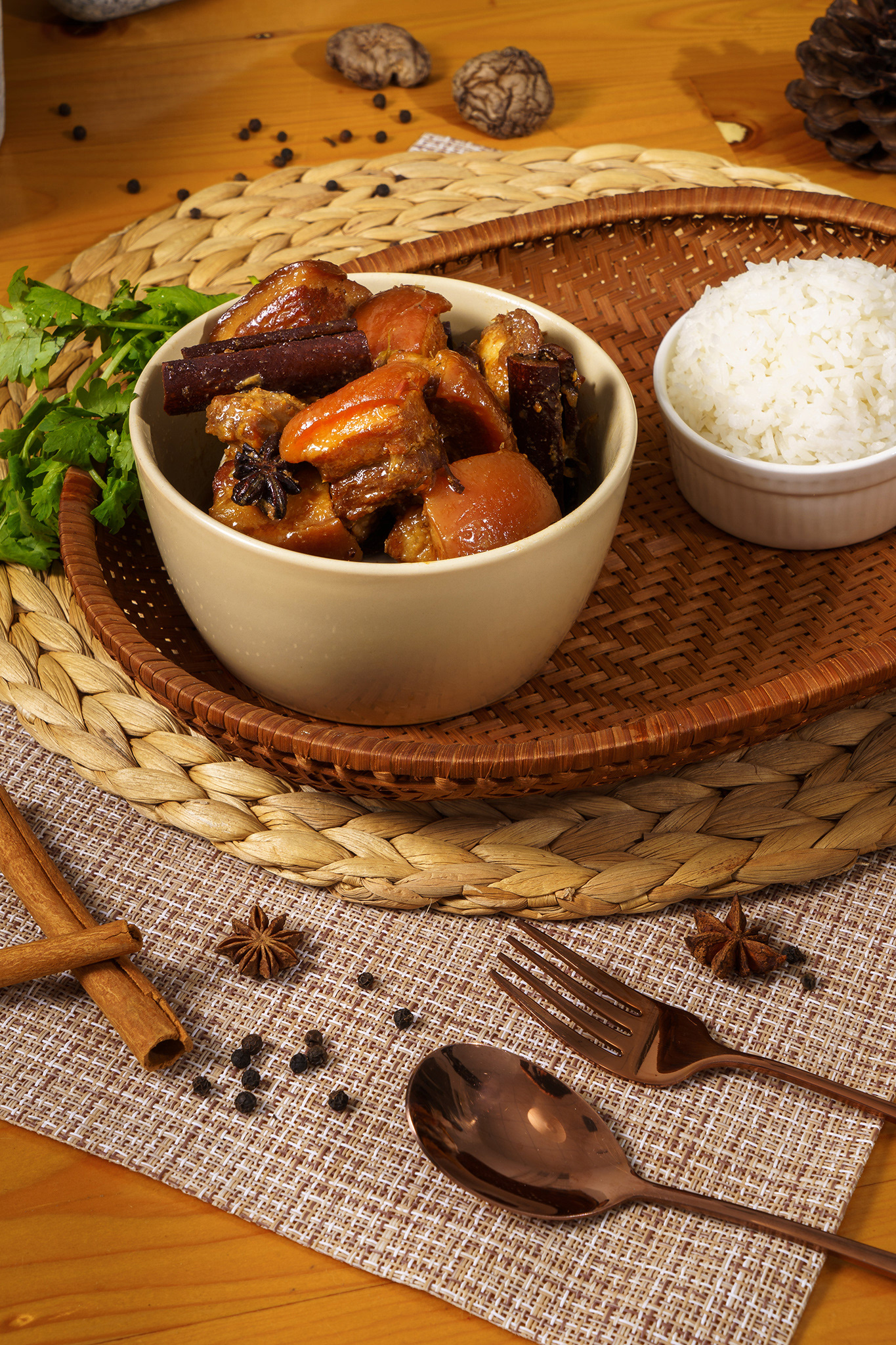 Moo-Hong stewed pork with brown sauce or sweet gravy soy sauce with Thai cooked jasmine rice a local food in Phuket in Chinese style
