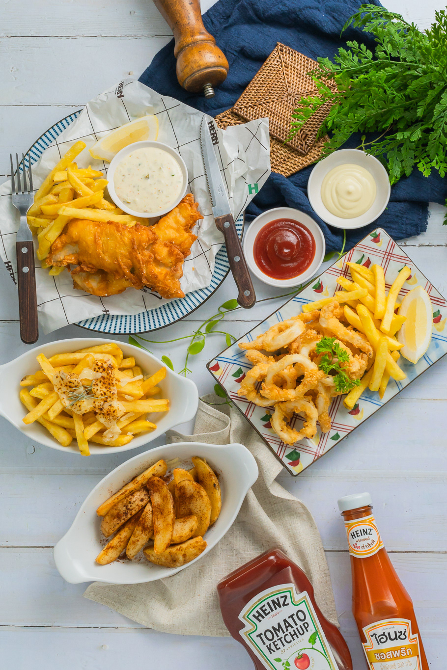 Fish & Chips, Rosemary & Parmesan, Spicy Potato Wedges and Crispy Fried Calamari