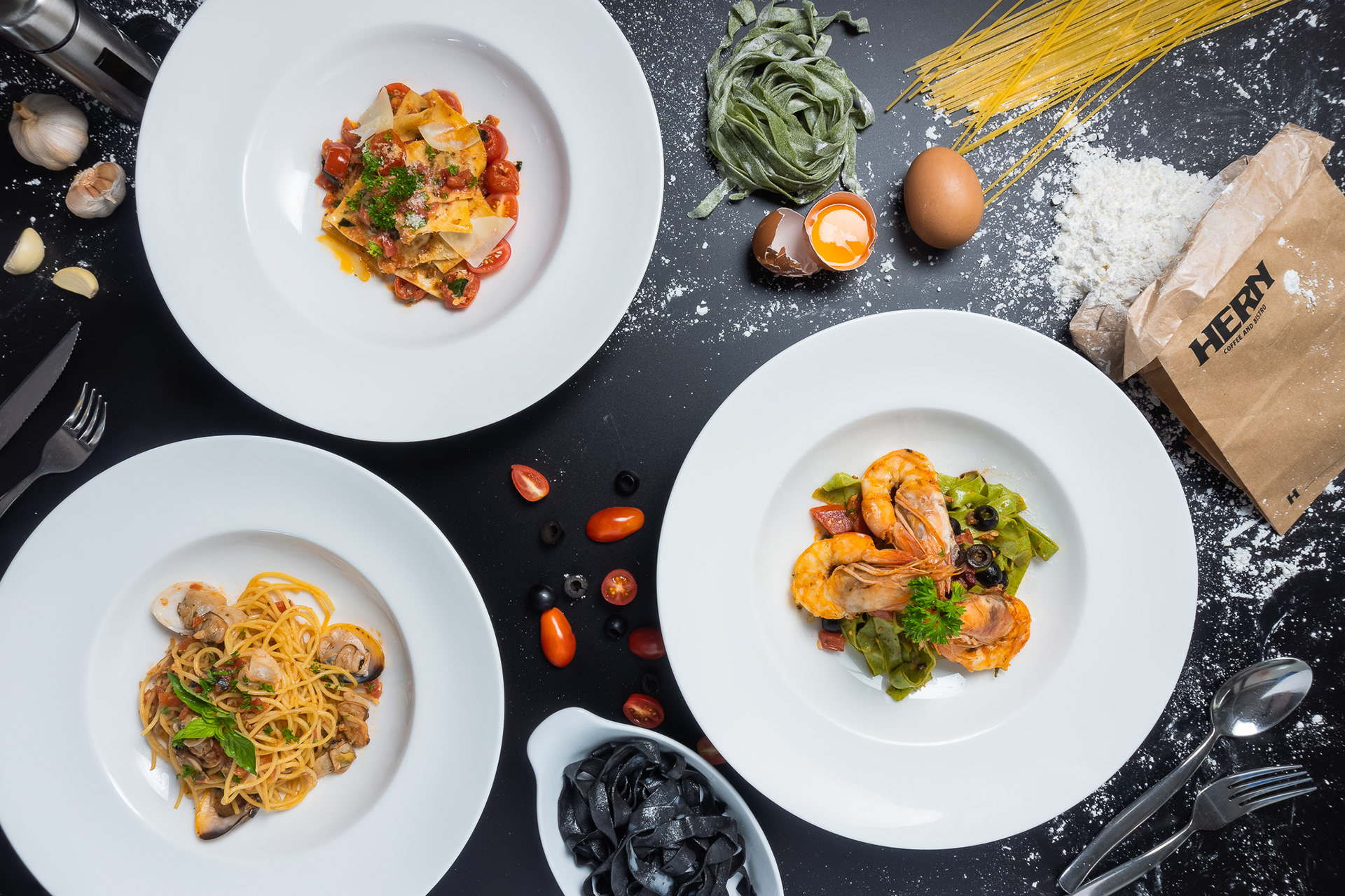 Fresh Tomato Ravioli, Spaghetti Vongole and Jumbo Prawn Tagliatelle