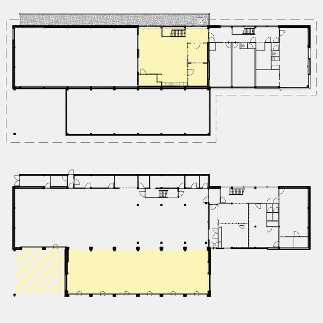 Plattegronden met in geel de uitbreidingen
