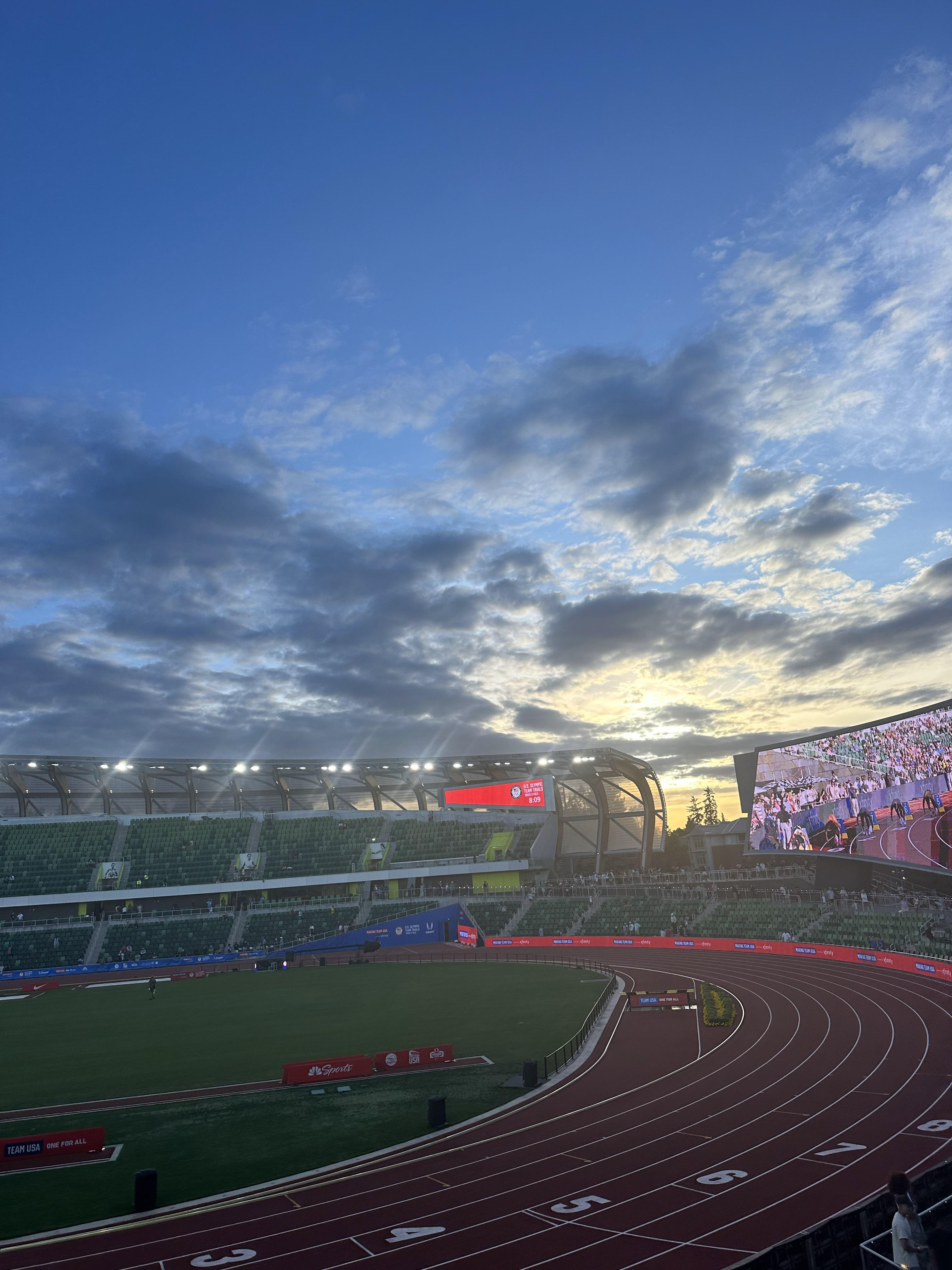 Hayward Field at night after day 8 of the 2024 USATF Olympic Trials.