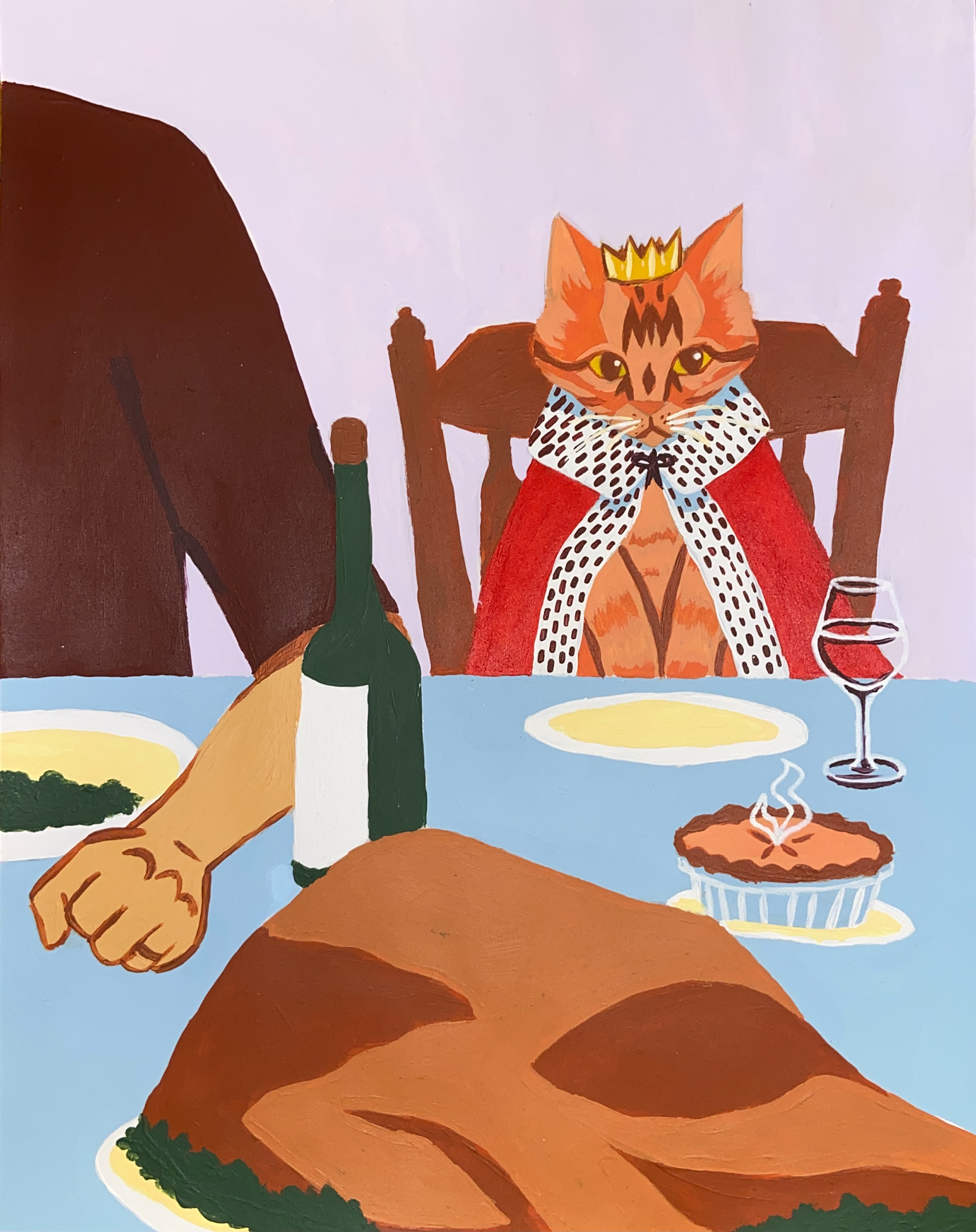 Flat color narrative acrylic painting depicting my cat's regal demand for scraps at the dinner table.
