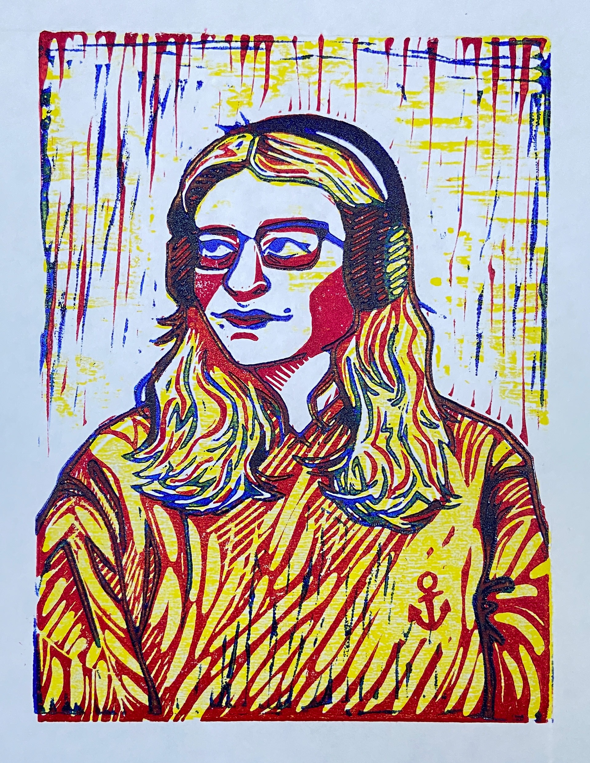Self-portrait relief print comprised of three layers: rubber block, linocut, and woodcut.