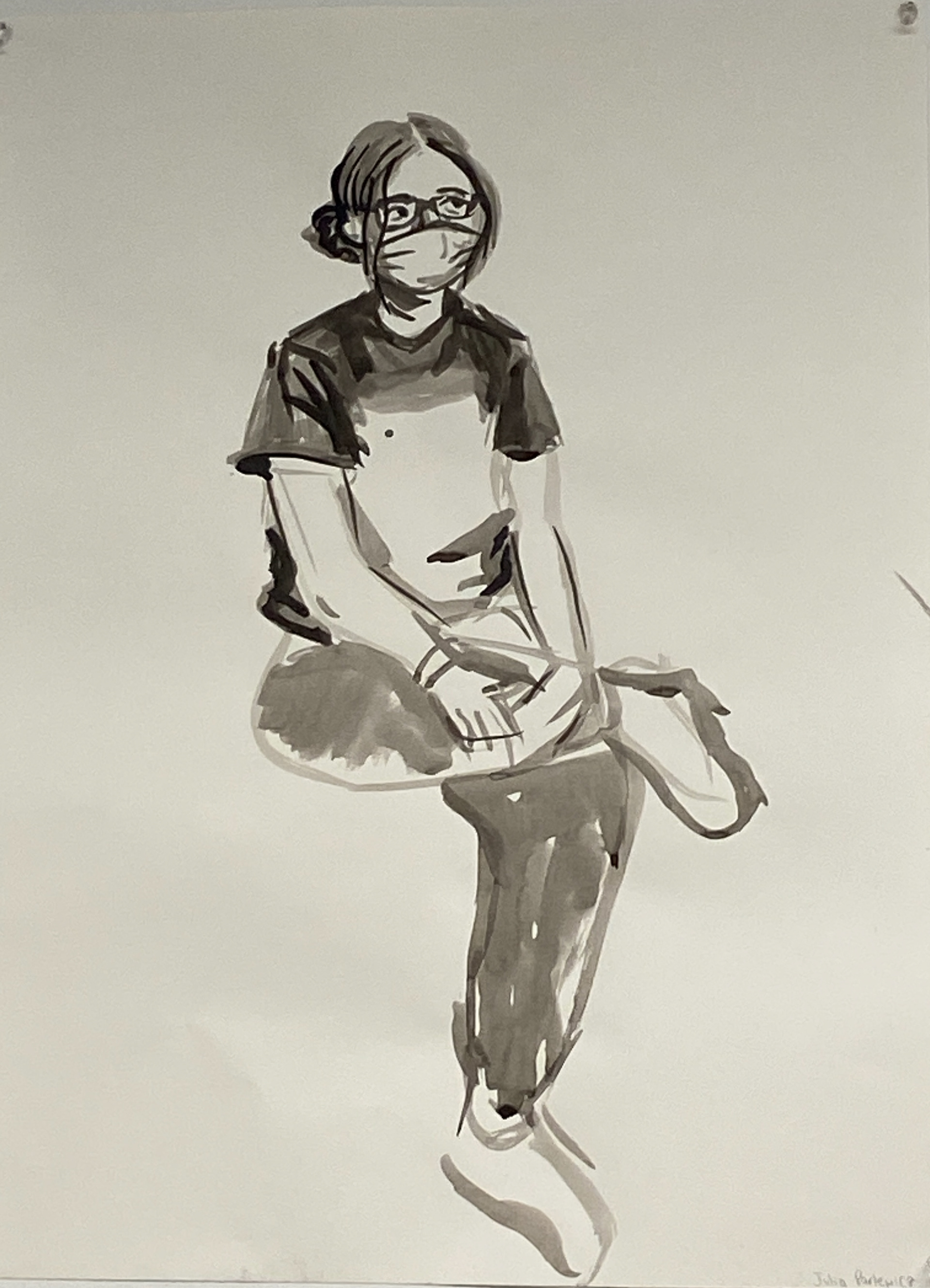 Ink 5 minute figure drawing of a masked sitting classmate.
