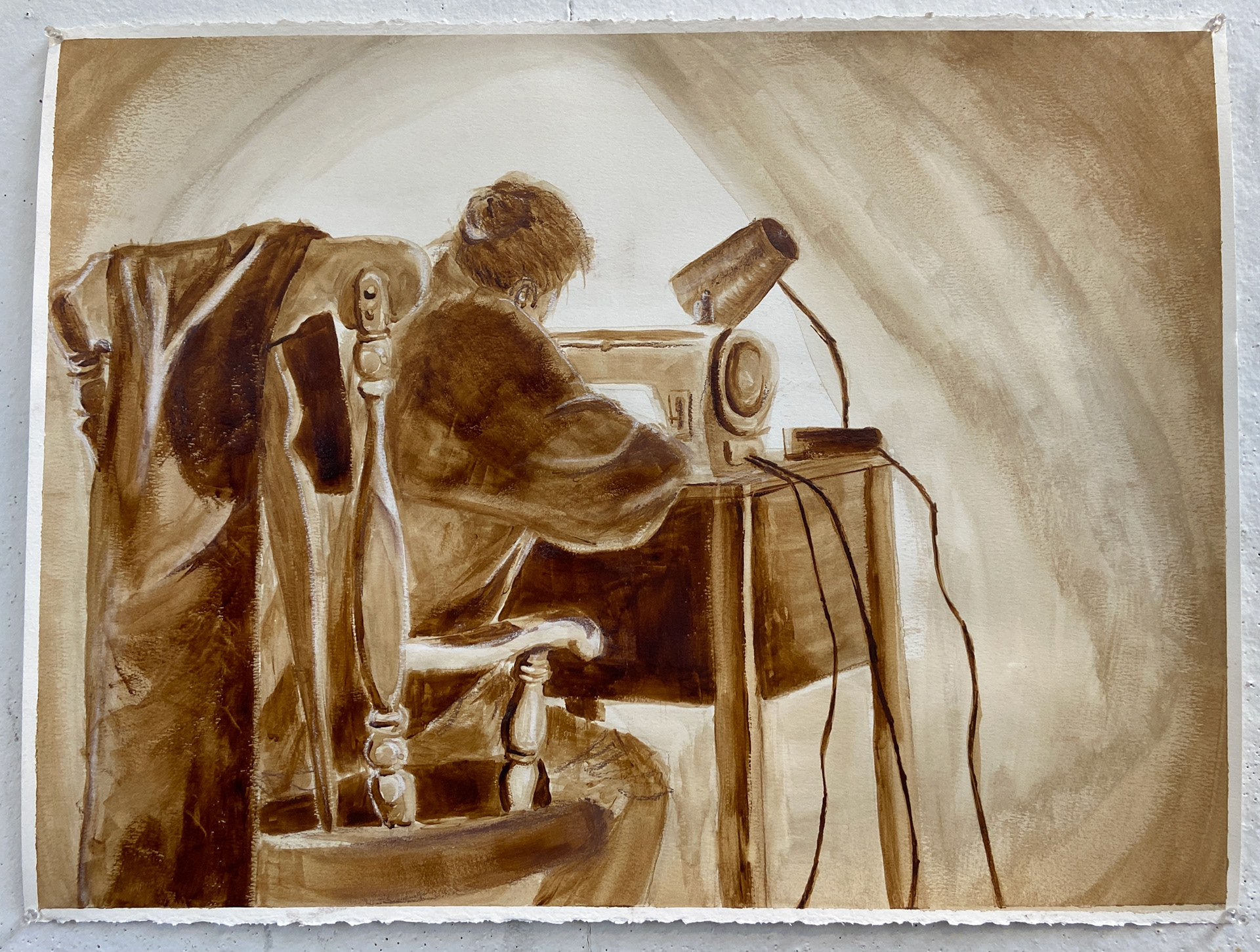 "Babcia." Portrait in instant coffee and sepia & white conte. Part of a series depicting the women in my family's predominantly female household.