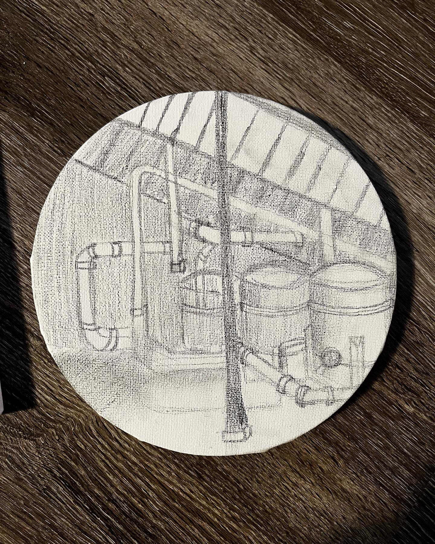 Charcoal pencil sketches on canvas of archival images of Camp Matthew