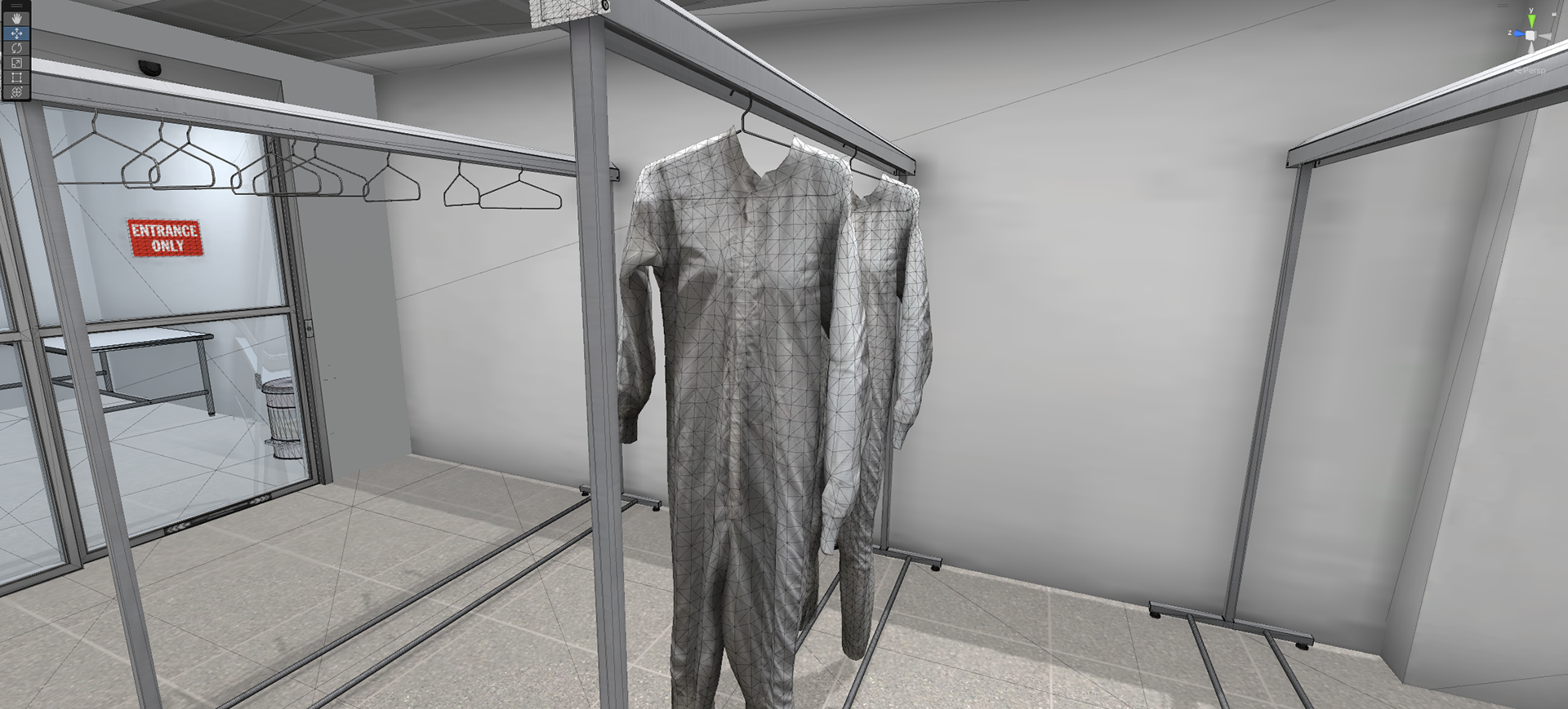 Wireframe view of the clean suits in the VR space