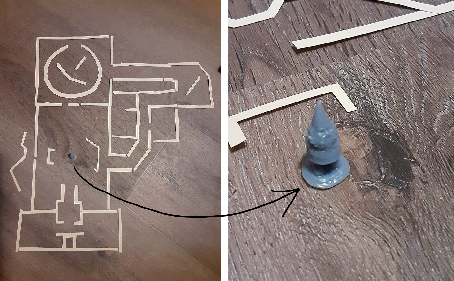 Early layout prototyping experiments using a tiny 3D printed gnome figurine and paper cutouts