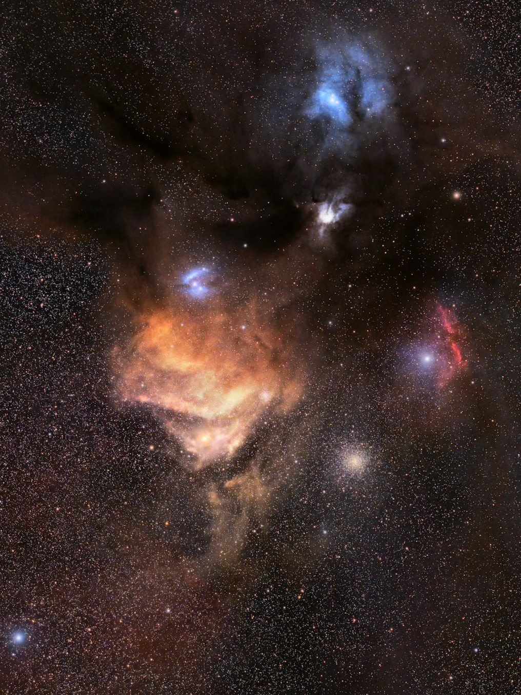The Rho Ophiuchi cloud complex is a large region of space about 460 light years from Earth. The multitude of colours isspectacular. It is made up of several nebulae andinterstellar dust clouds, and is one of the closeststar-forming regions to us. I captured this shot over 2hours at Santa Susana, a Bortle 4 dark site.