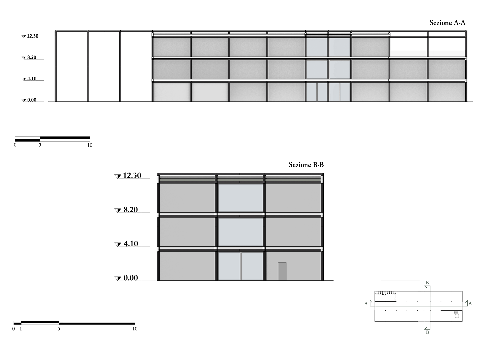 Sections A-A and B-B of the Mies pavillion