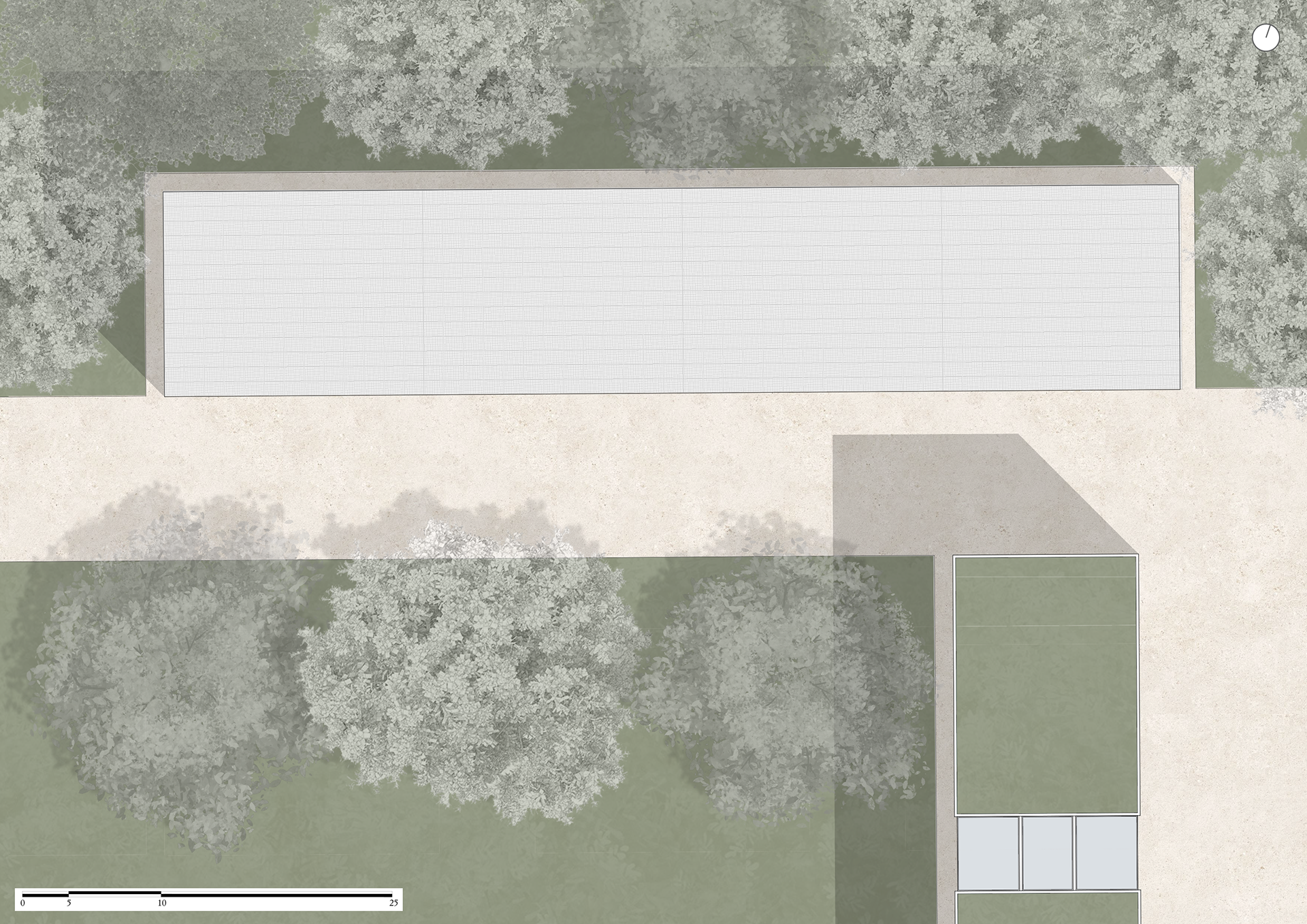 Roof site plan of the Wright, Kahn, and Piano pavilions