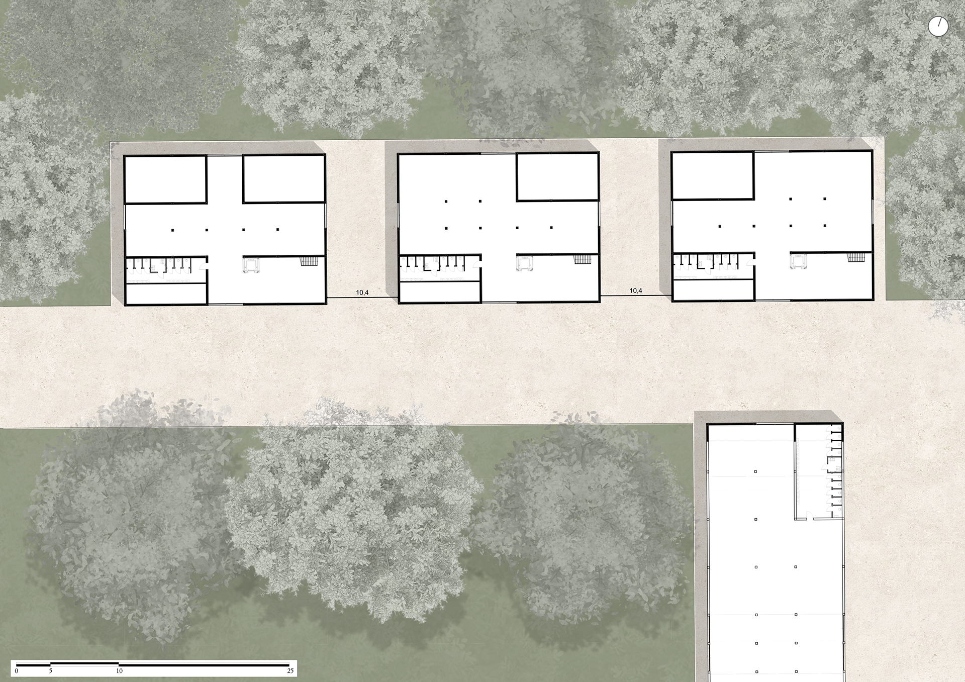 Ground floor site plan of the Wright, Kahn, and Piano pavilions