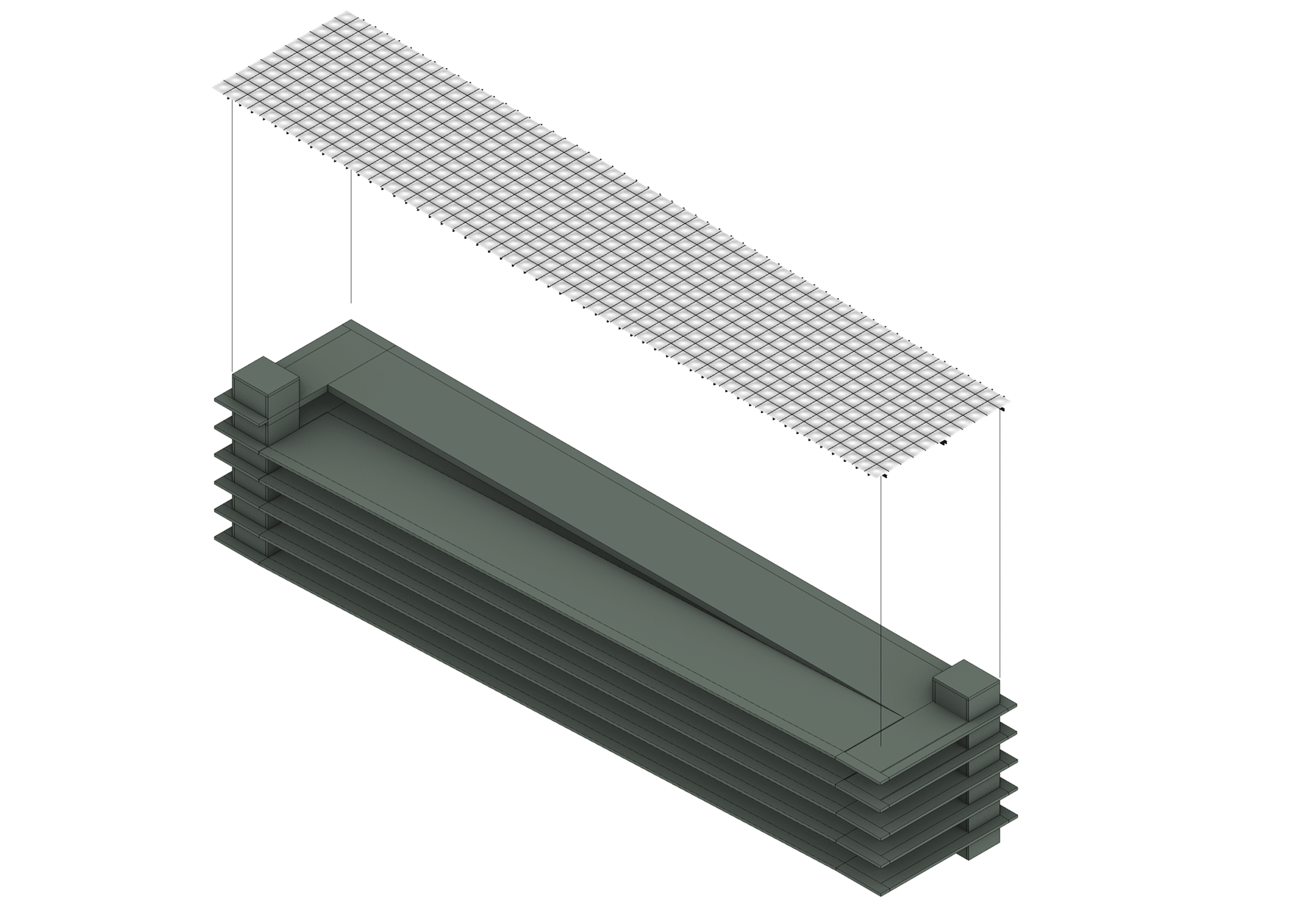 Perspective view of the structure of the floors of the parkings