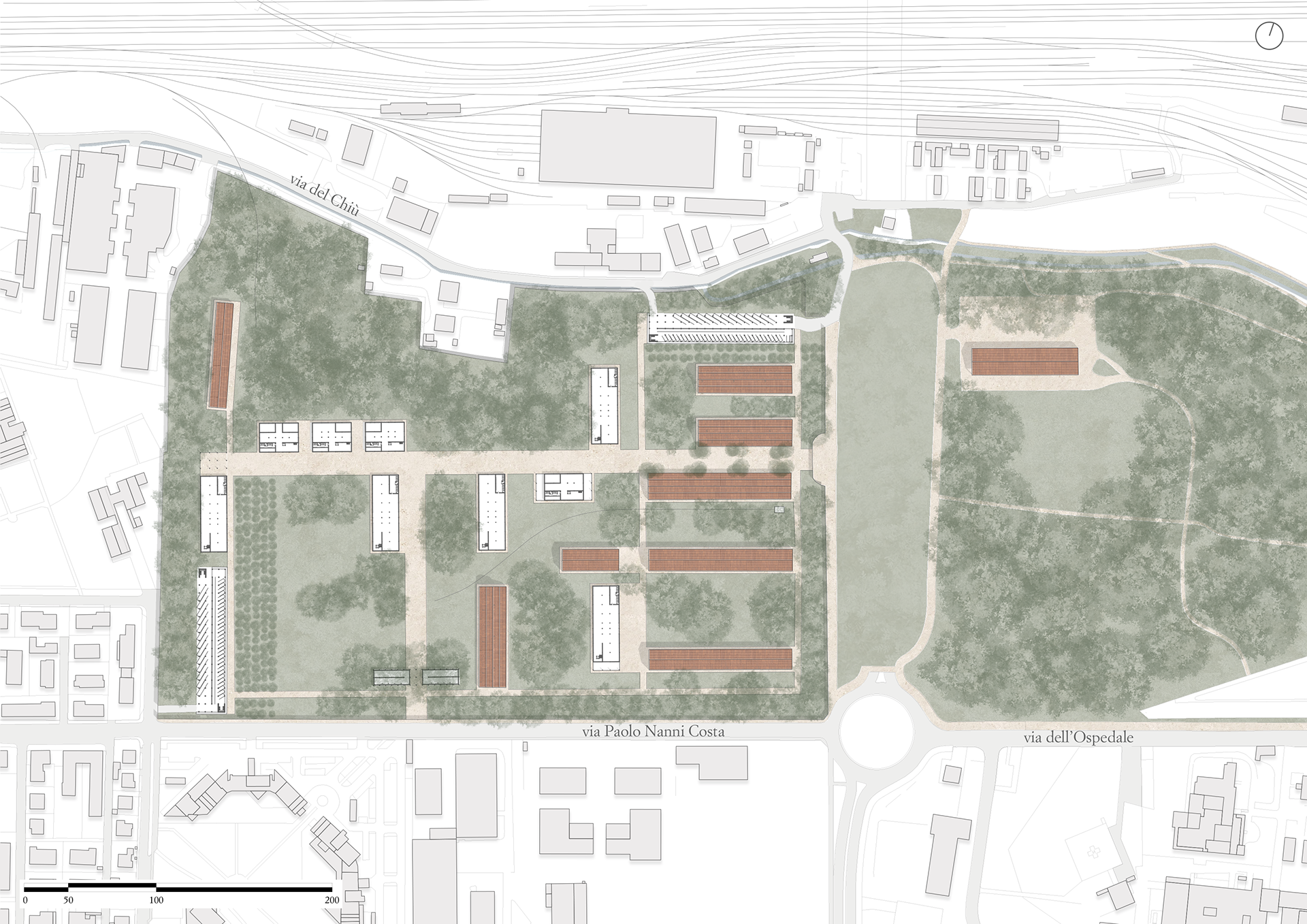 Planivolumetric view of the ground floor of the new buildings