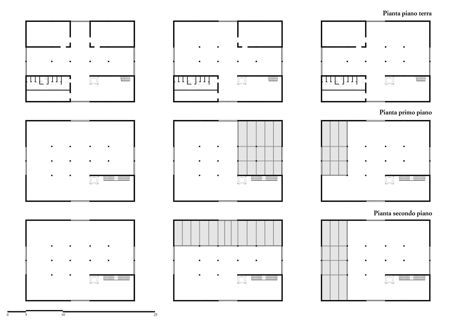 Architectural floor plans of the Wright, Kahn, and Piano pavilions