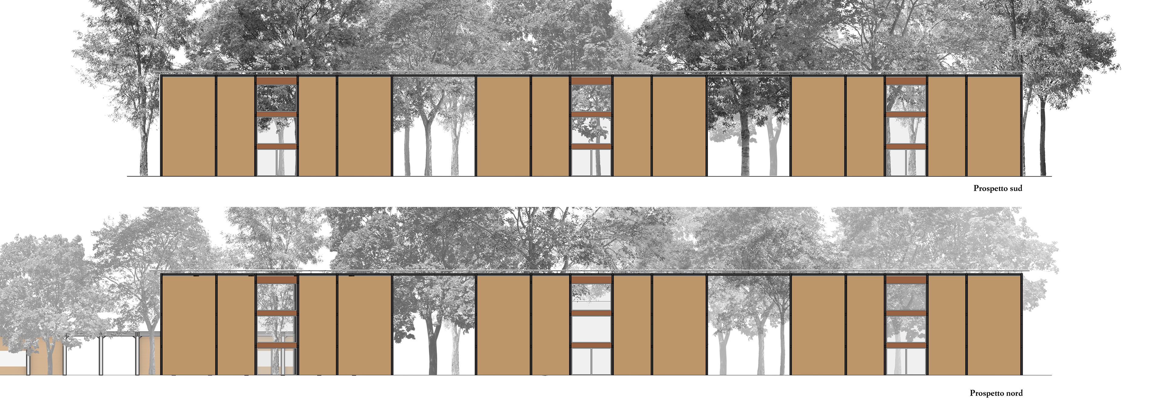 Main elevations of the Wright, Kahn, and Piano pavilions