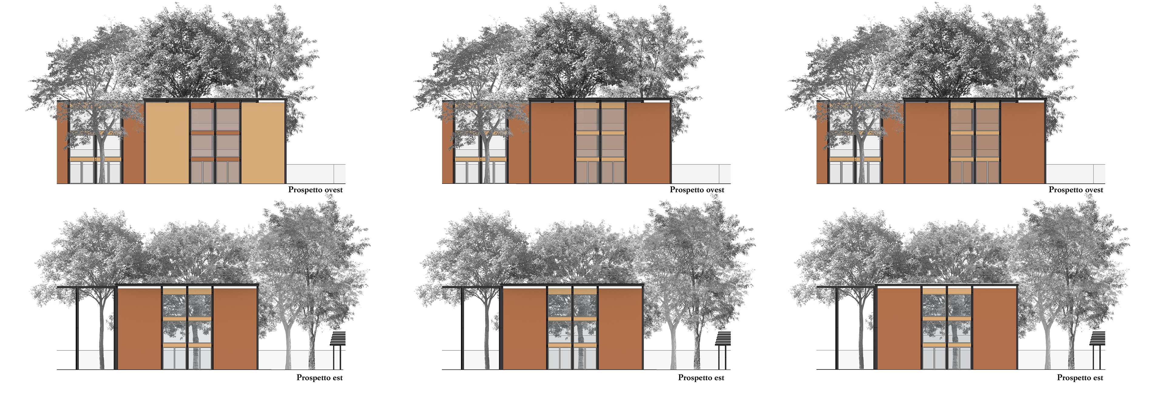 Side elevations of the Wright, Kahn, and Piano pavilions