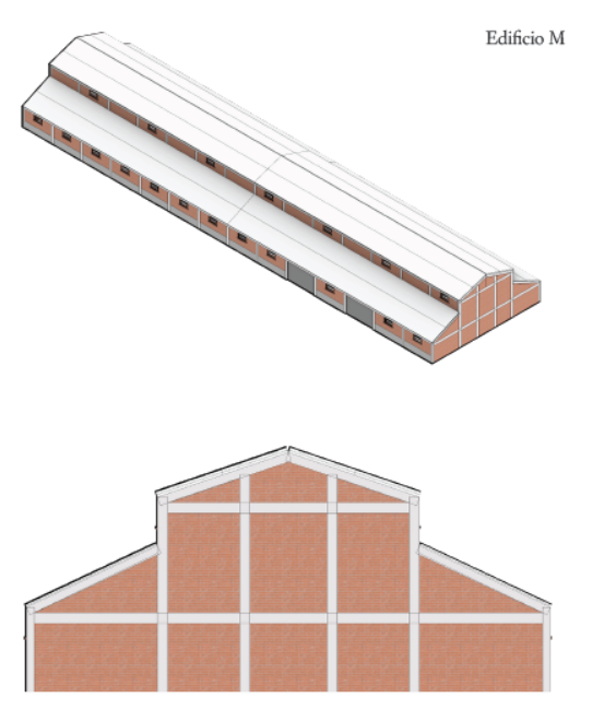 Three-dimensional reconstruction and Rear elevation of Building M