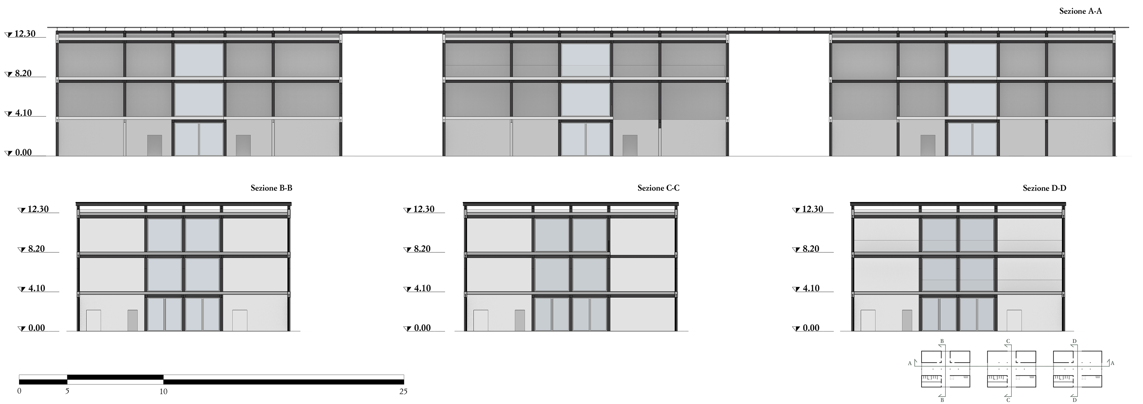 Sections A-A, B-B, C-C, D-D of the Wright, Kahn, and Piano pavilions