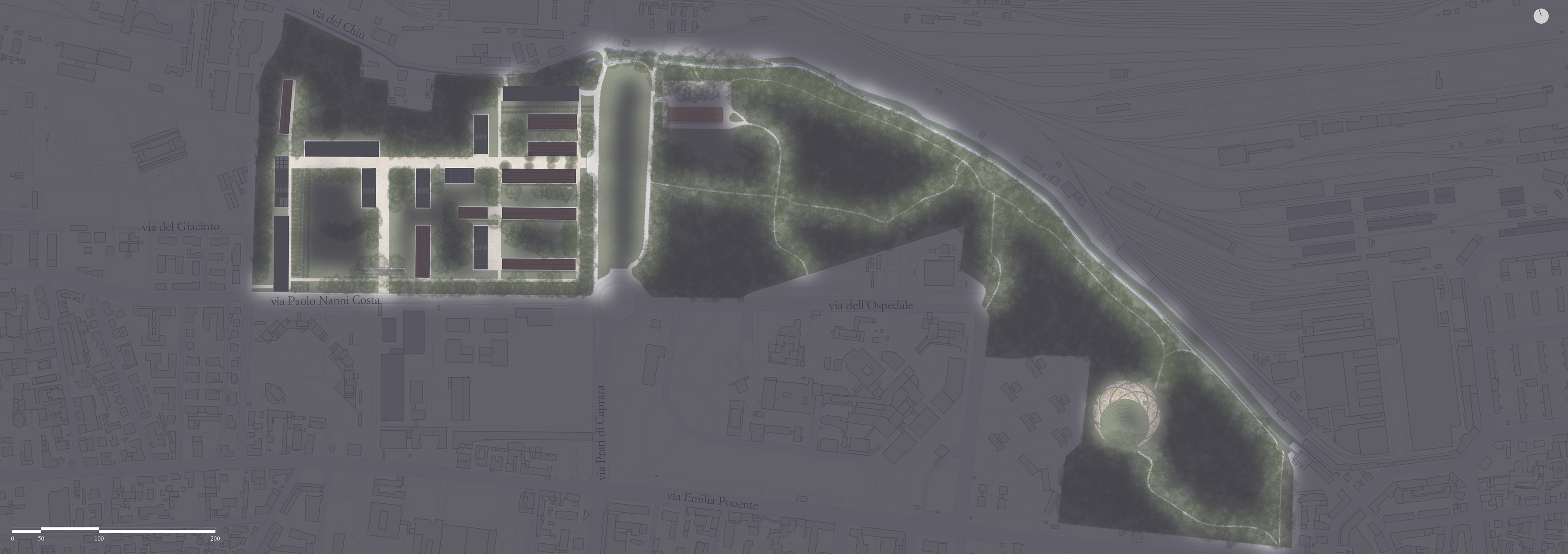 Nightview site plan of the Prati di Caprara