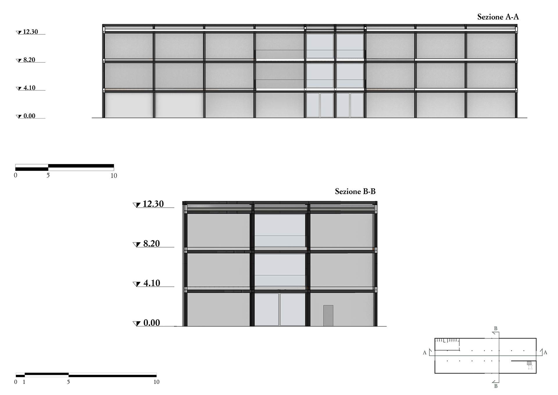 Sections A-A and B-B of the Canova pavillion