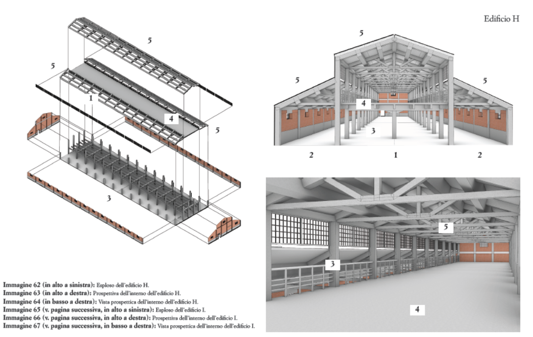 Exploded view, Interior perspective and Perspective view of the interior of Building H