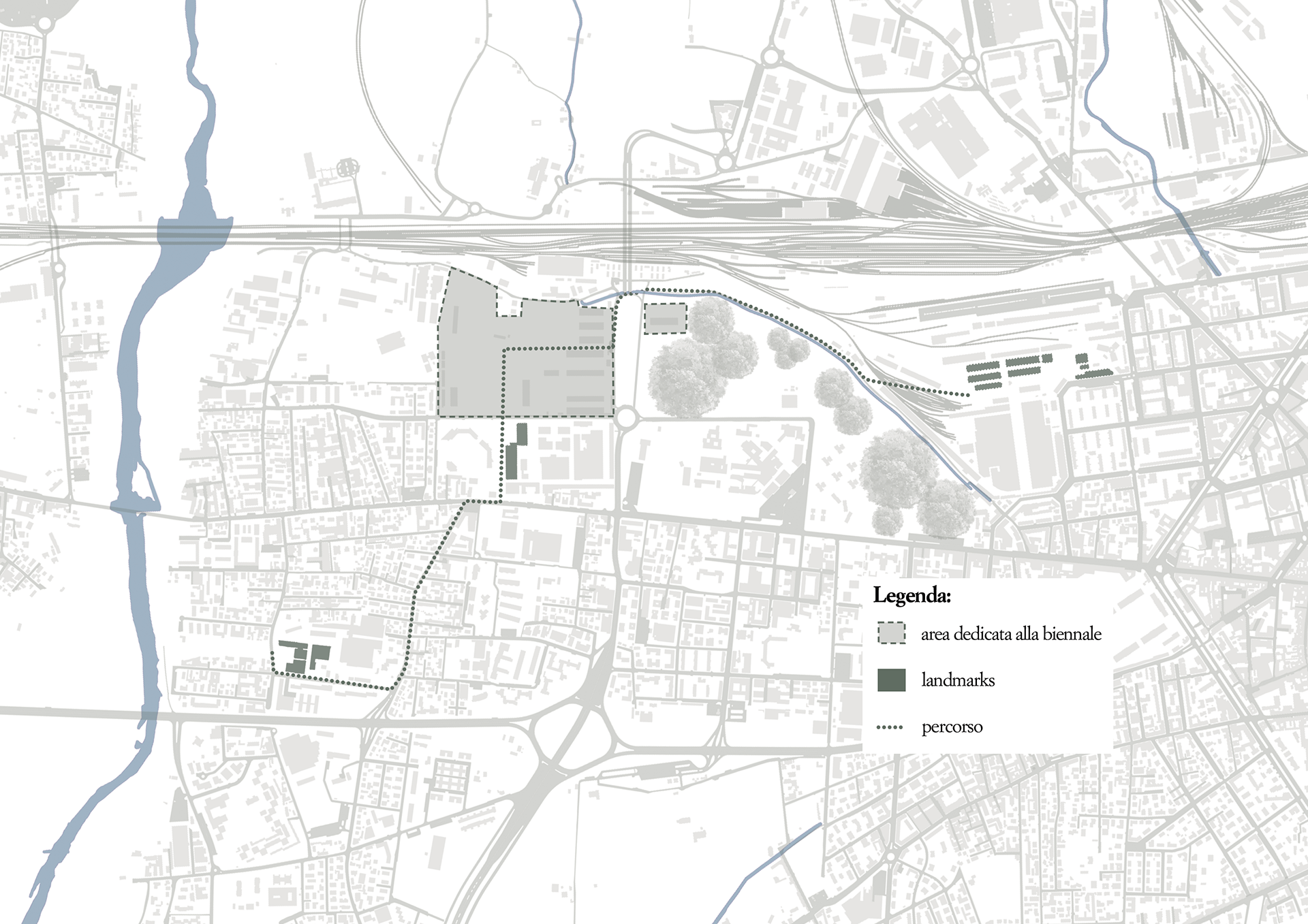 Relationship between the Biennale area and the landmarks within the context of the Prati di Caprara