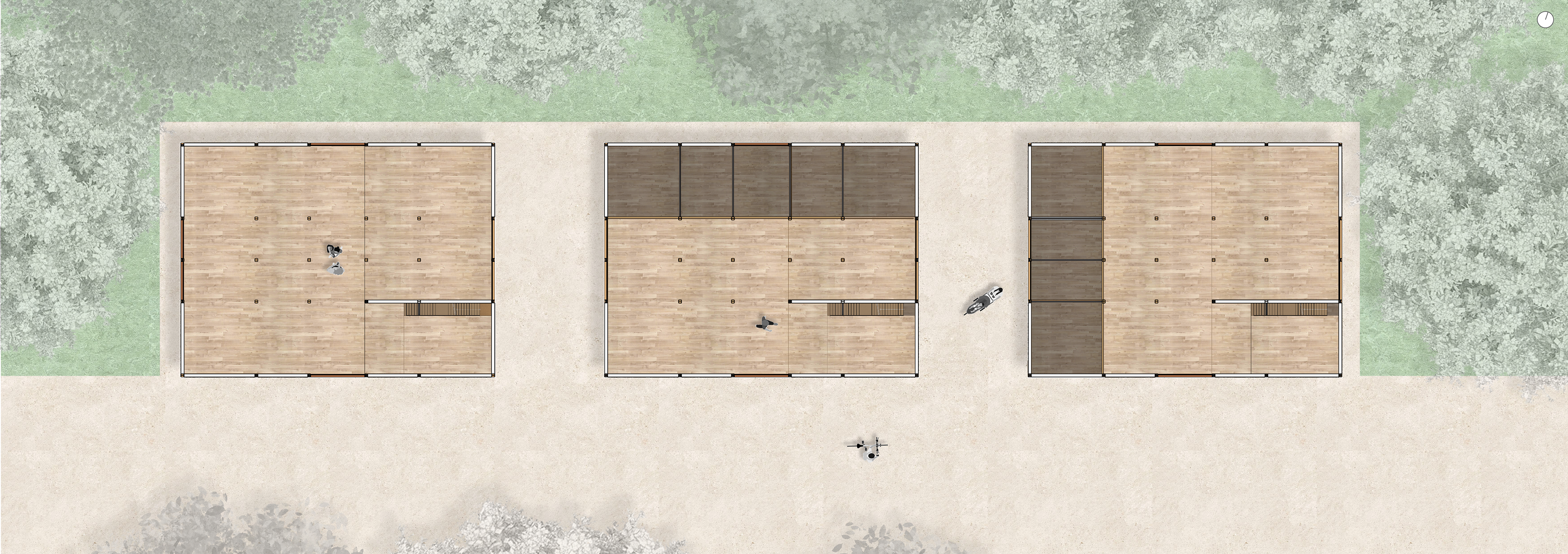 Second floor plan view of the Wright, Kahn, and Piano pavilions