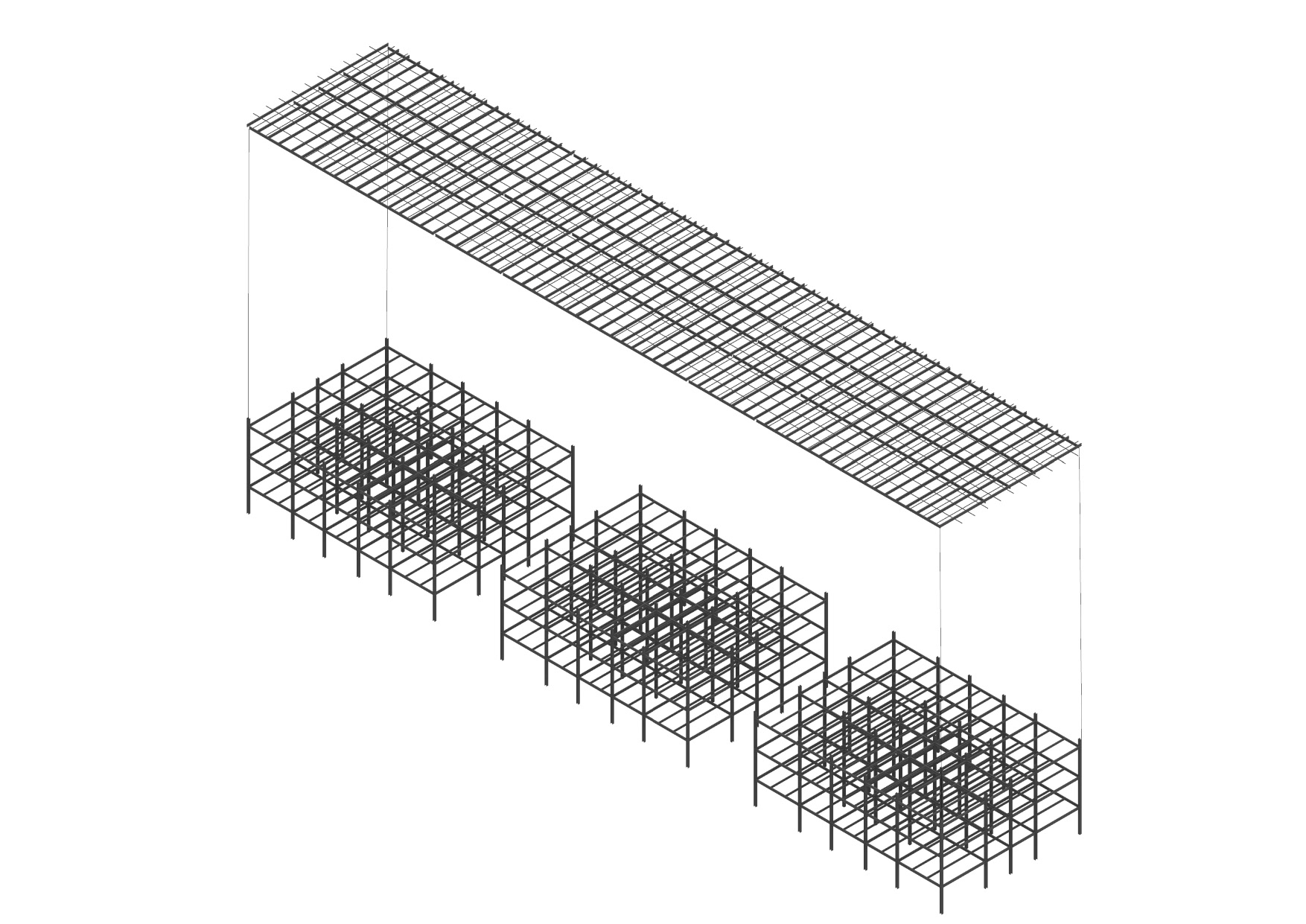 Perspective view of the structure of the Wright, Kahn, and Piano pavilions
