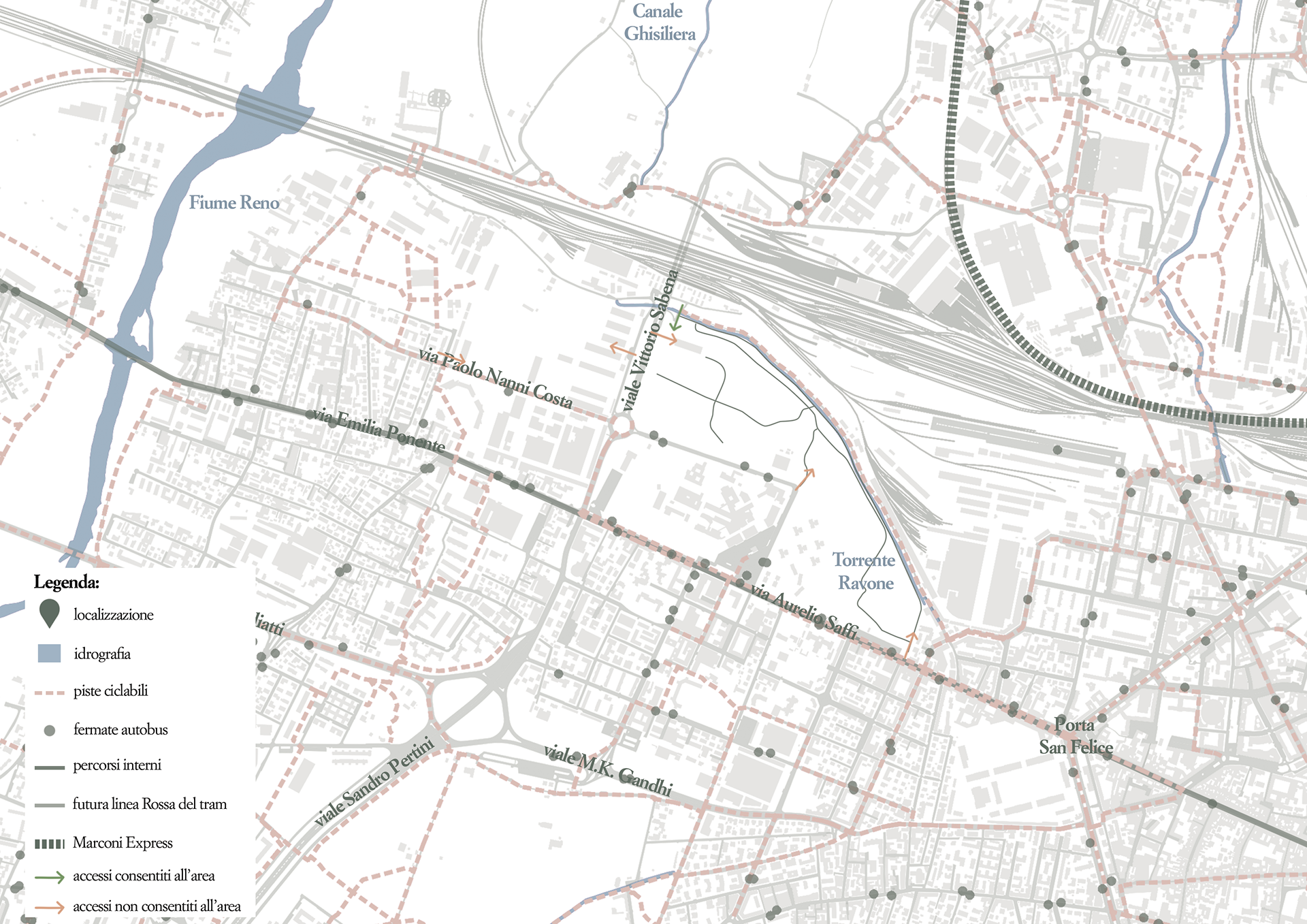 Access points to the area and internal paths