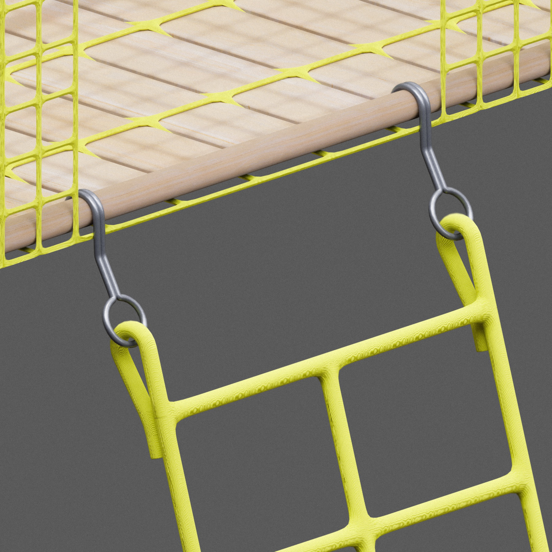 The treehouse is reached through a woven rope ladder. The ladder is 6m in length and is attached to the frame using steel hooks.