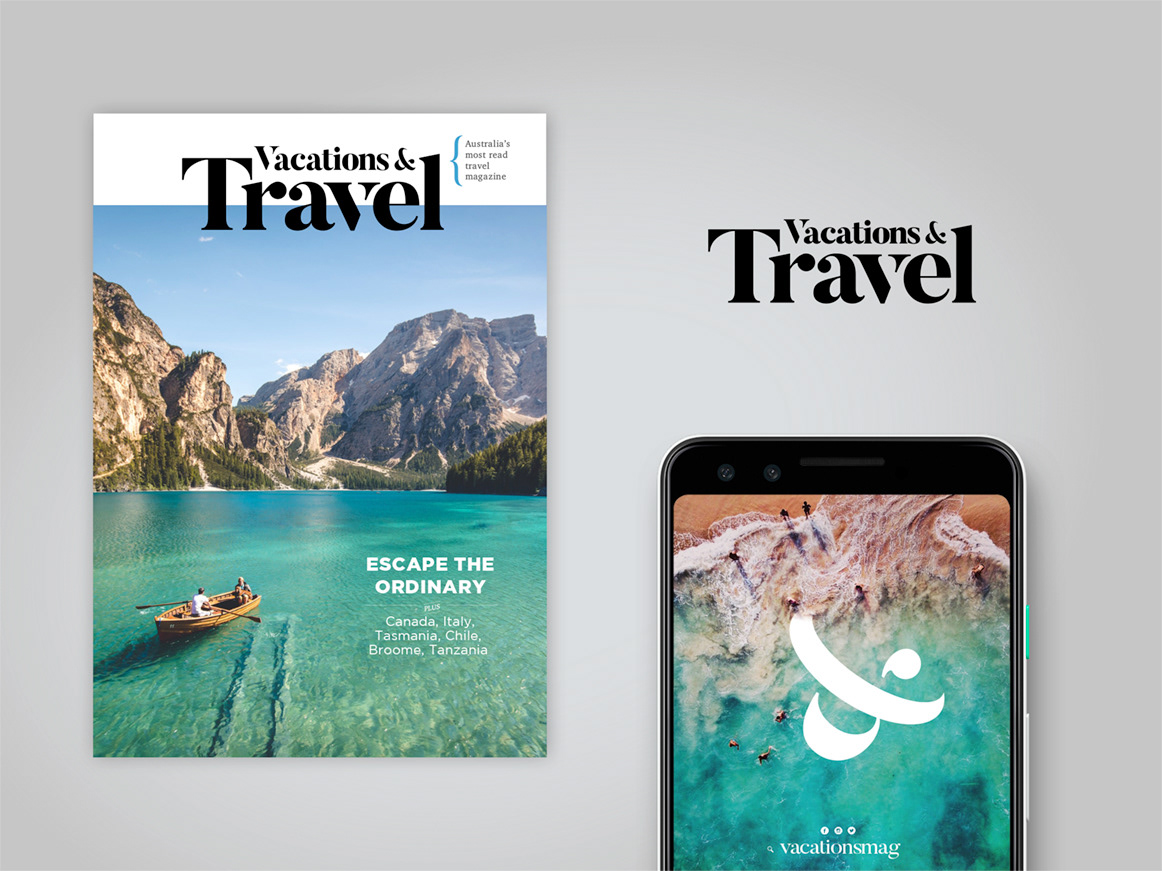 Vacation & Travel new design shown on magazine iPhone and logo