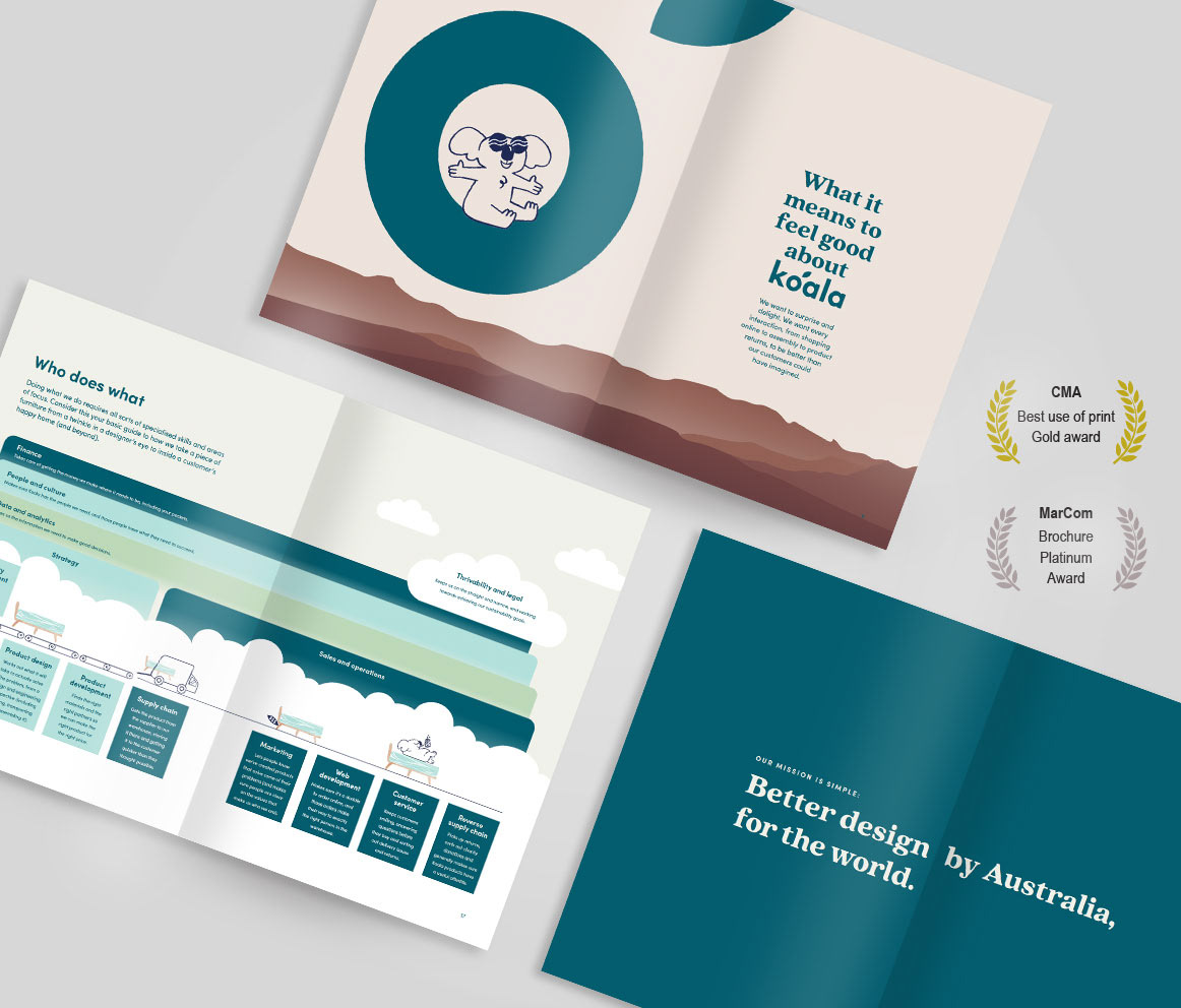 3 designed layouts of Koala booklet shown with awards