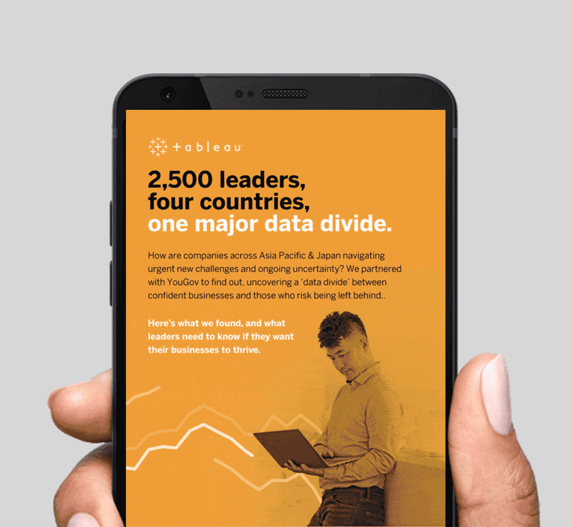 Tableau infographic animated designed by Chris Andrew and shown on hand held iPhone
