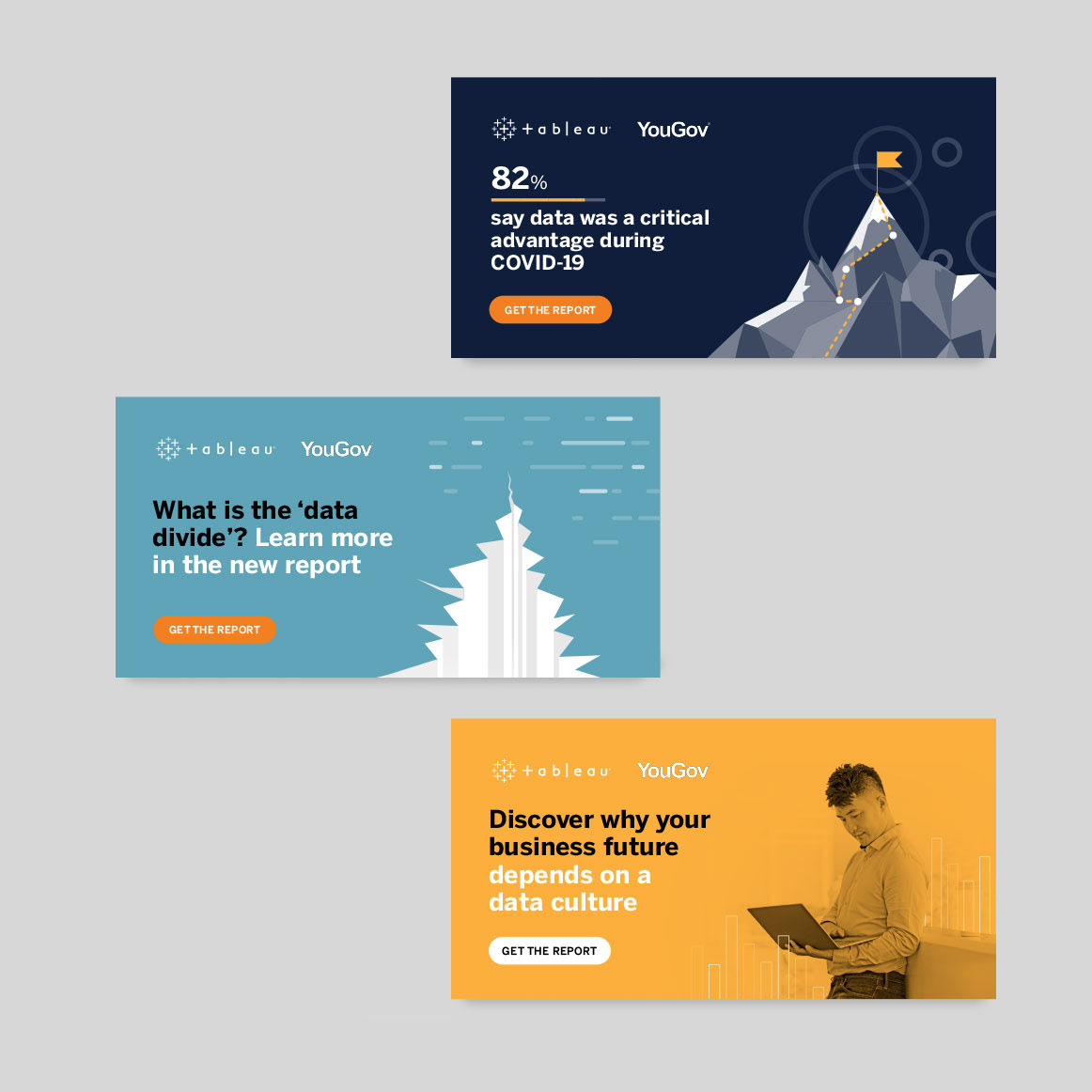 3 tableau social media tile design examples on grey background