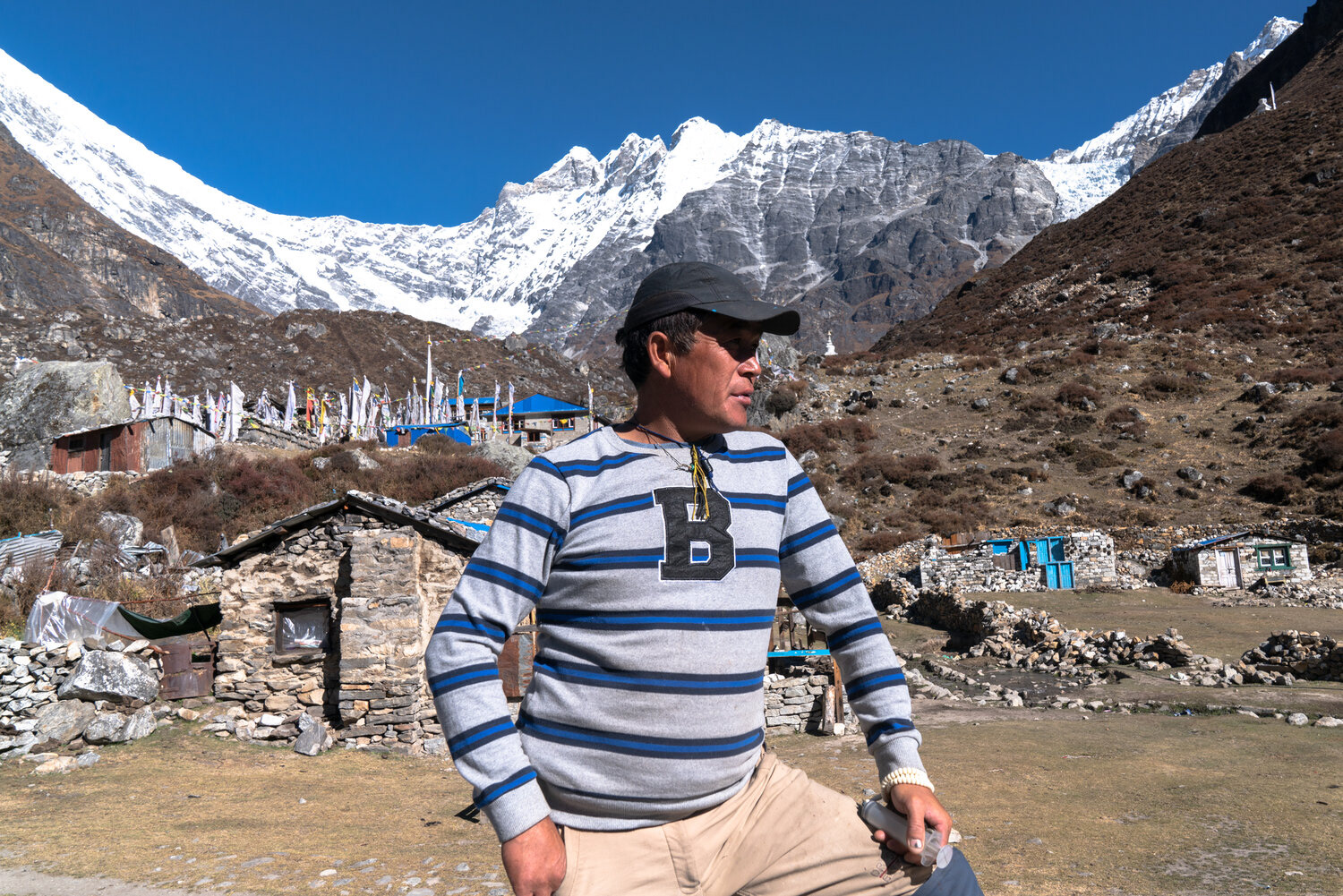 Santosh with Kyangin Gompa village and Yala Peak behind