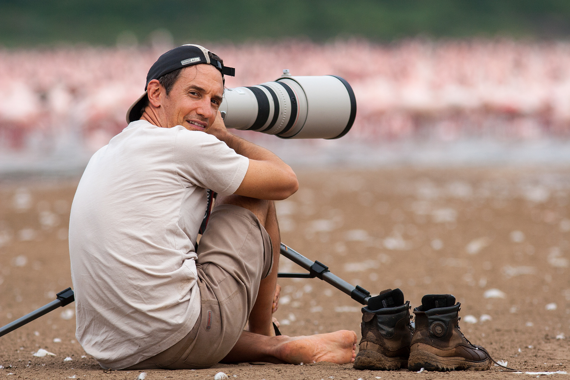 Drying my boots after wading across a stream to get into position - Lake Bogoria