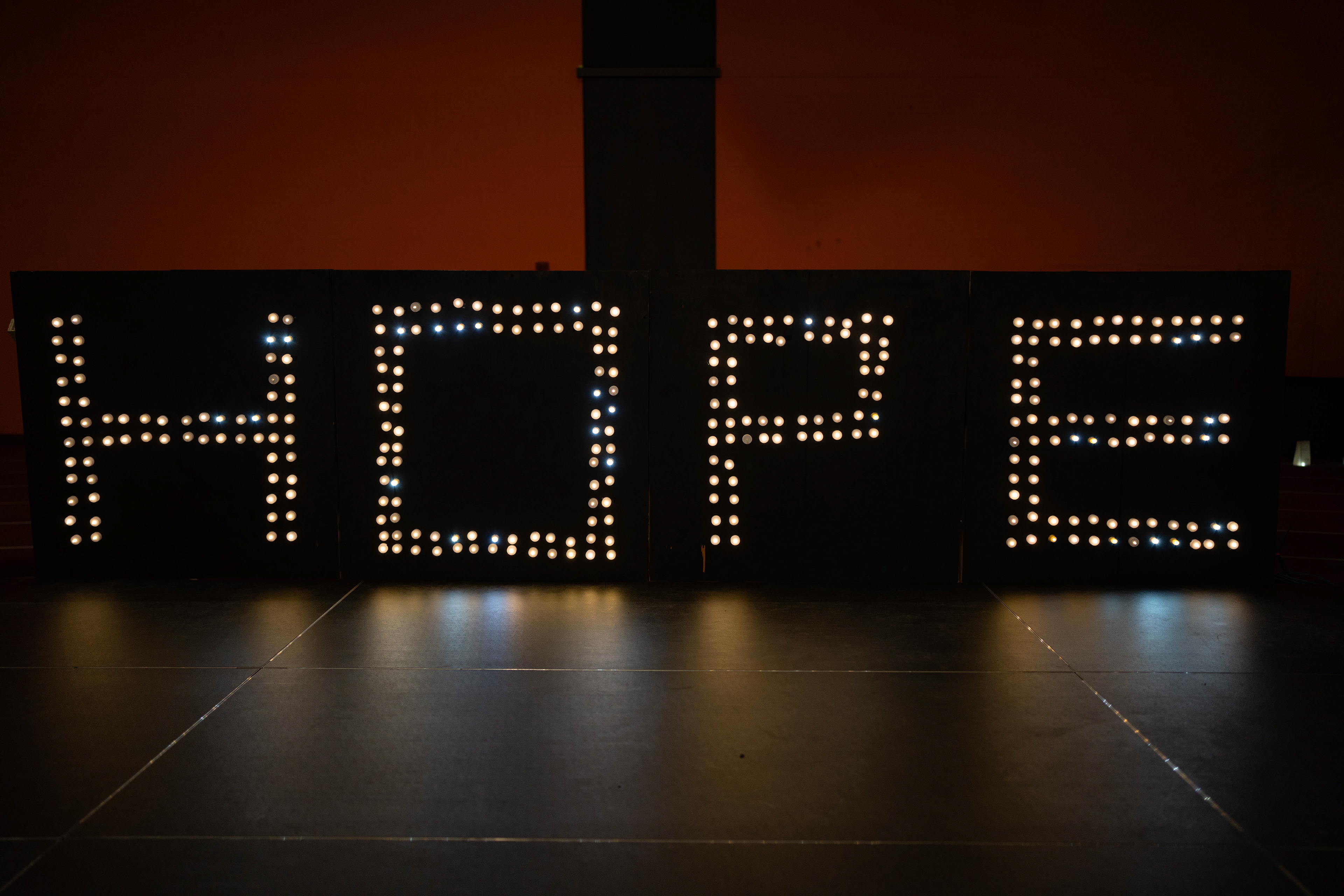 Electric tea lights placed by participants spell out “HOPE” during Relay For Life in the Gordon Field House at the Rochester Institute of Technology in Henrietta, N.Y., Sunday, April 12, 2026.