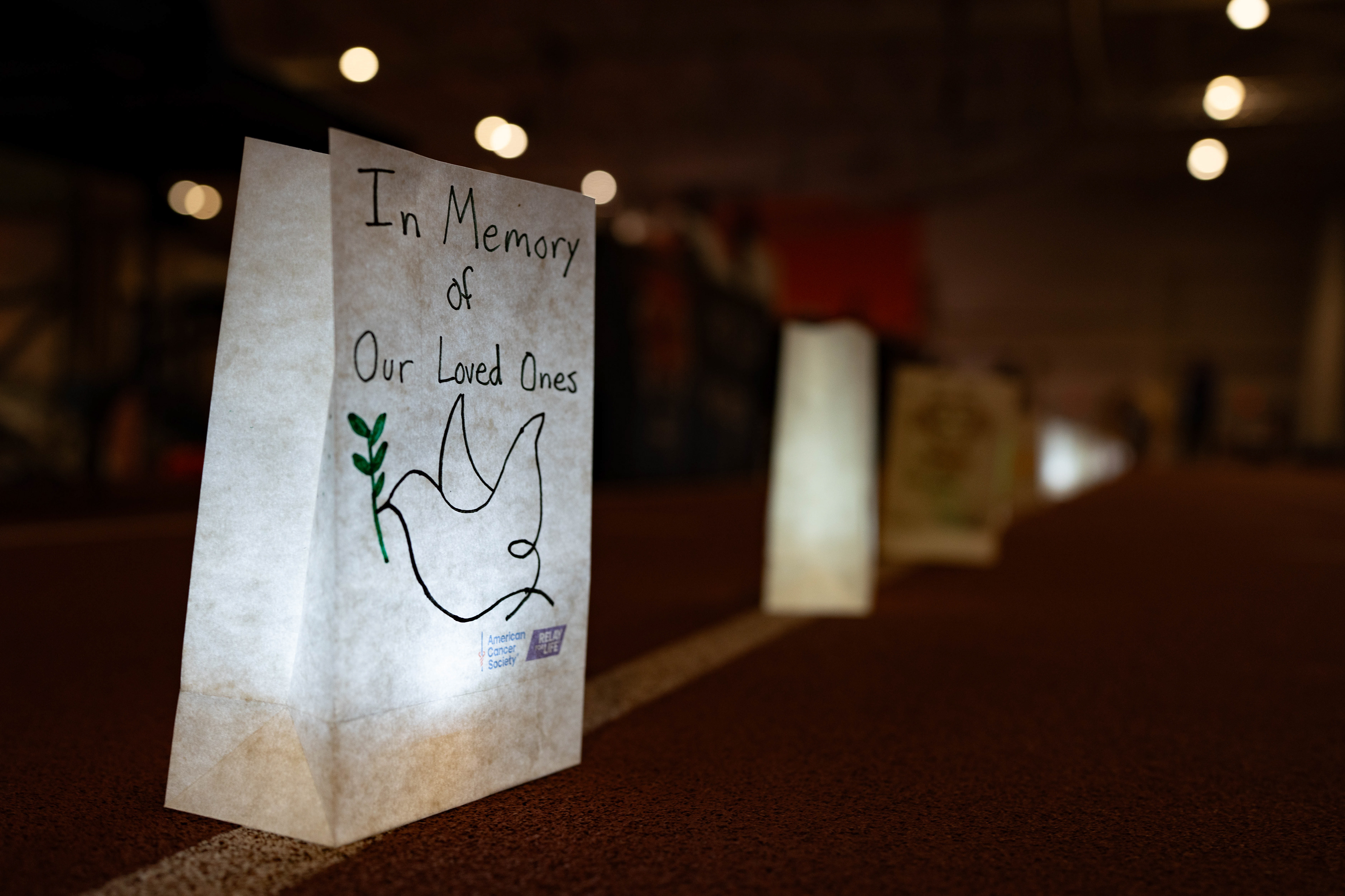 A luminaria bag decorated with a dove and the words “In Memory of Our Loved Ones” is one of many personalized bags lining the track during Relay For Life in the Gordon Field House at the Rochester Institute of Technology in Henrietta, N.Y., Saturday, April 11, 2026.