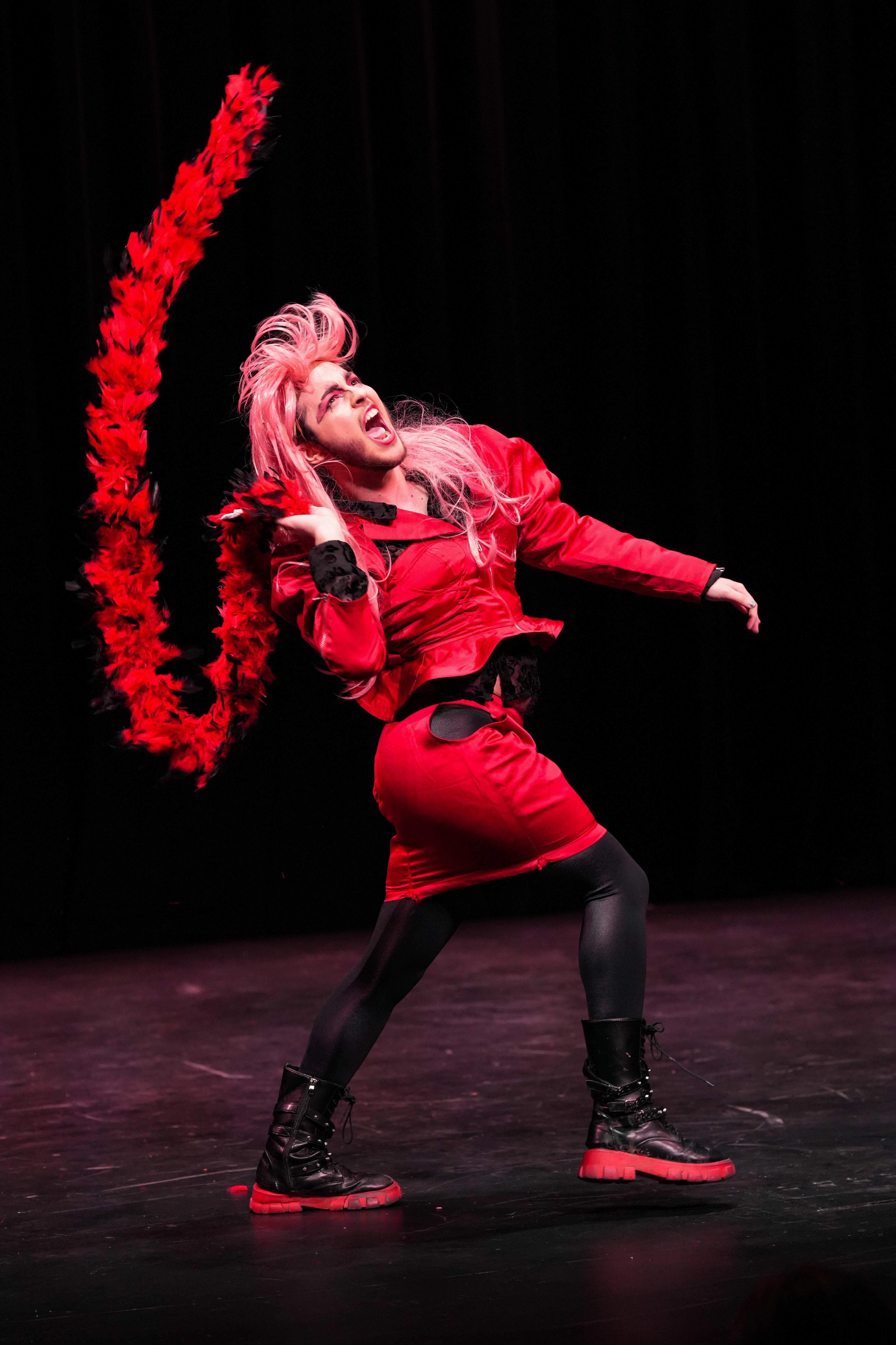 RIT Drag Club member Peep the Horror performs to “Miss Belladonna” by Slayyyter during the orientation week drag show in Ingle Auditorium at the Rochester Institute of Technology in Henrietta, N.Y., Wednesday, Aug. 19, 2026.