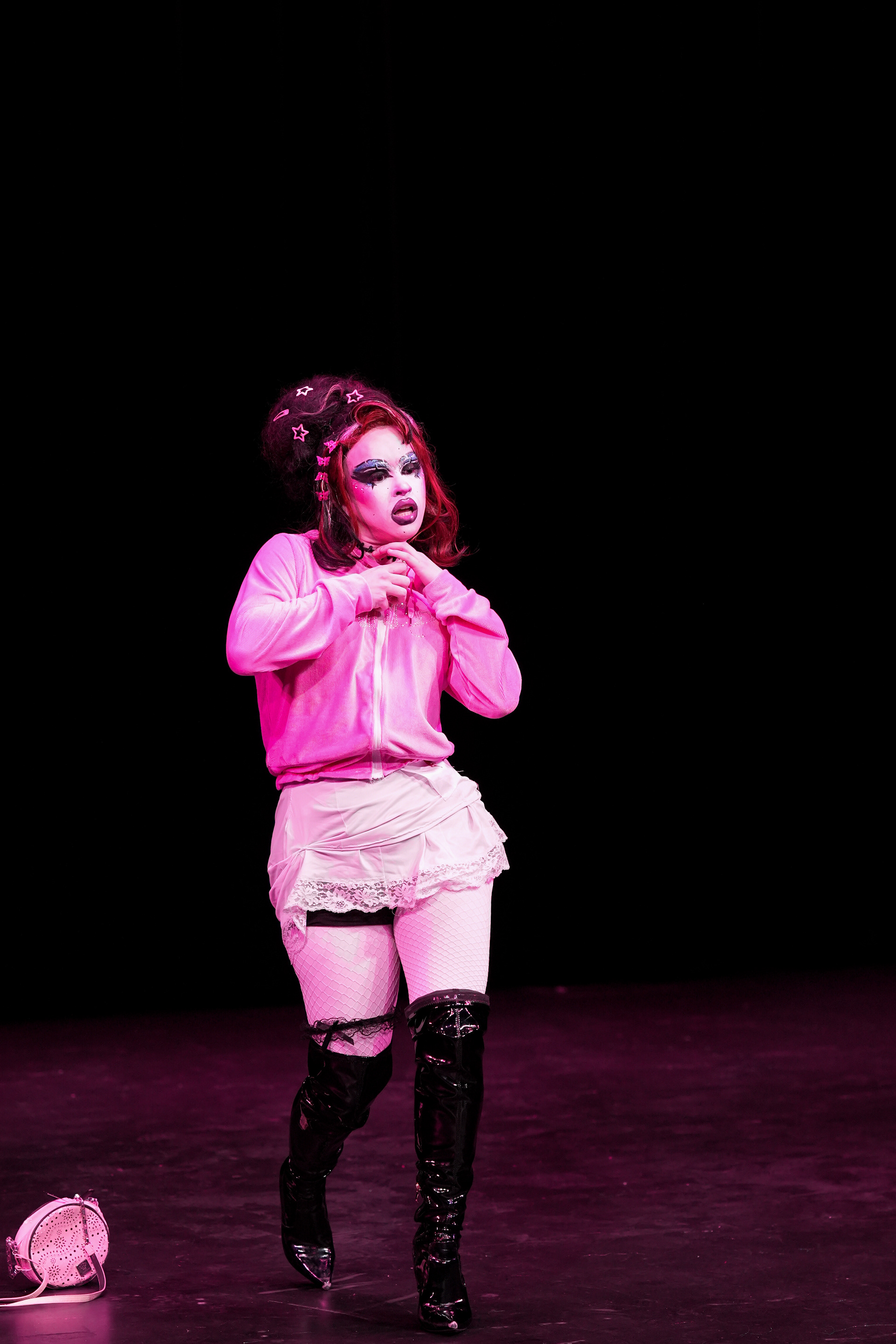 RIT Drag Club member Nokia Frankenshine performs to “The Ballad of Sara Berry” by 35MM during the orientation week drag show in Ingle Auditorium at the Rochester Institute of Technology in Henrietta, N.Y., Wednesday, Aug. 19, 2026.