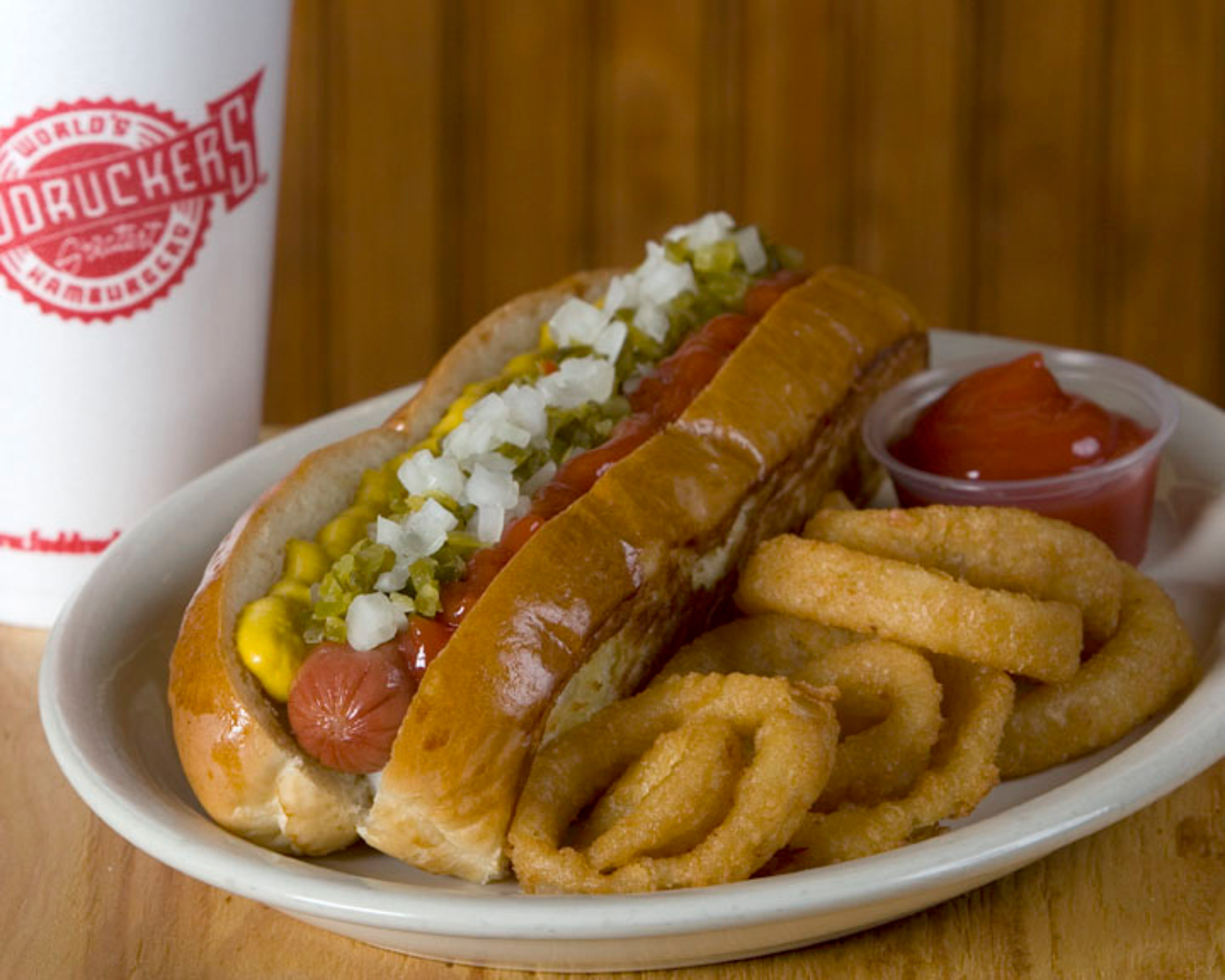 Fuddruckers - Big Dog with Onion Rings