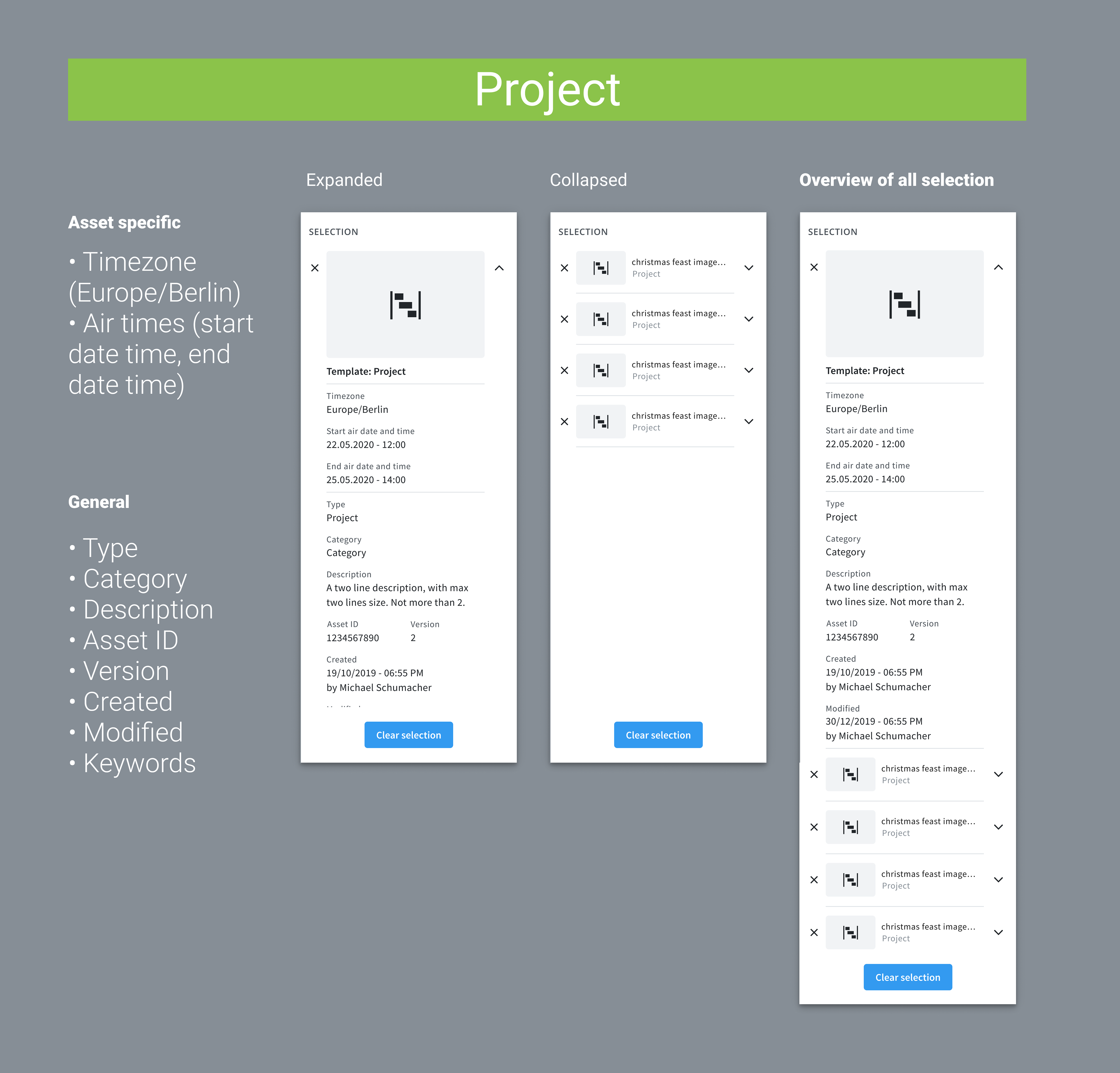 Selection data for Project