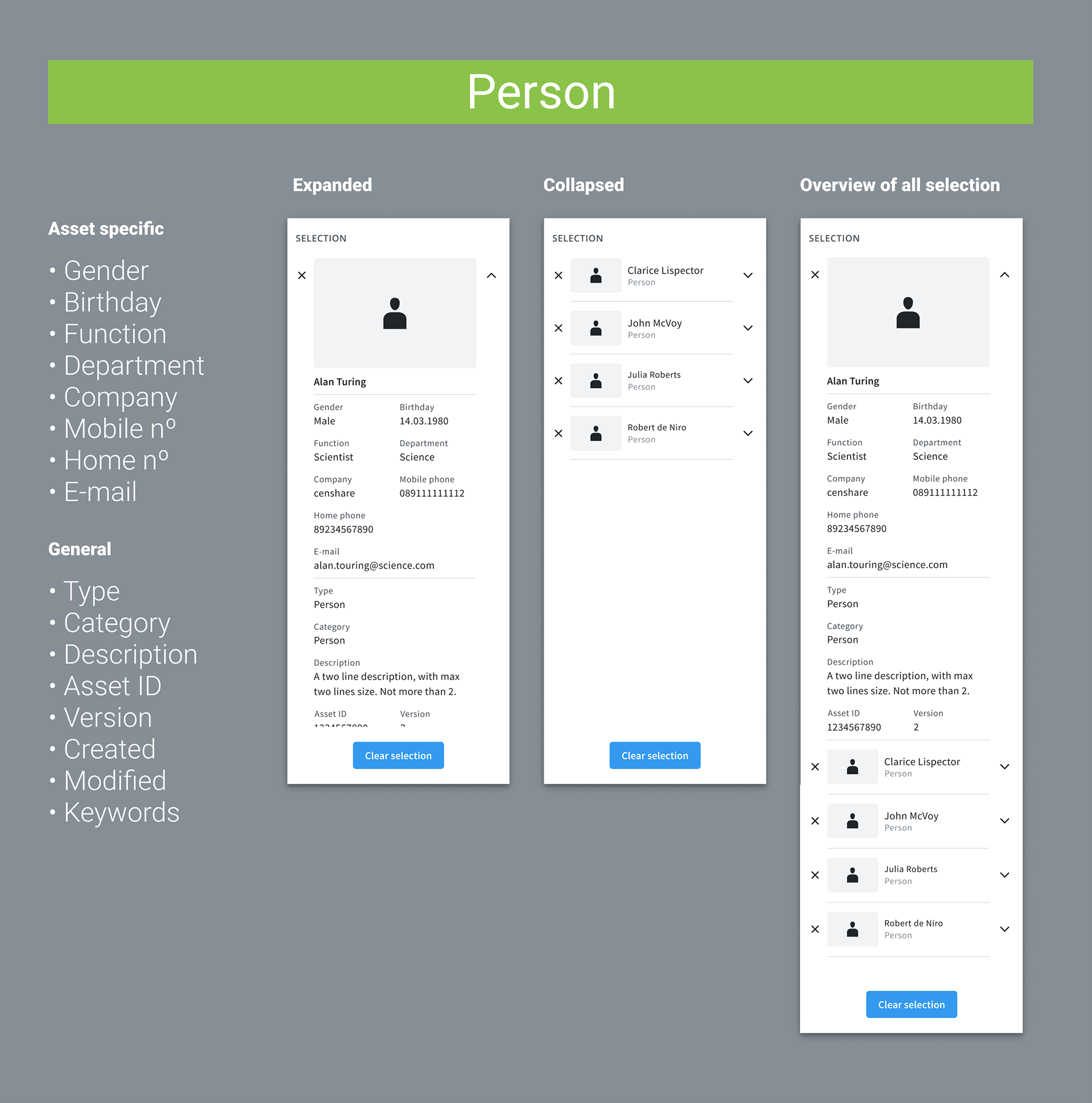 Selection data for Person