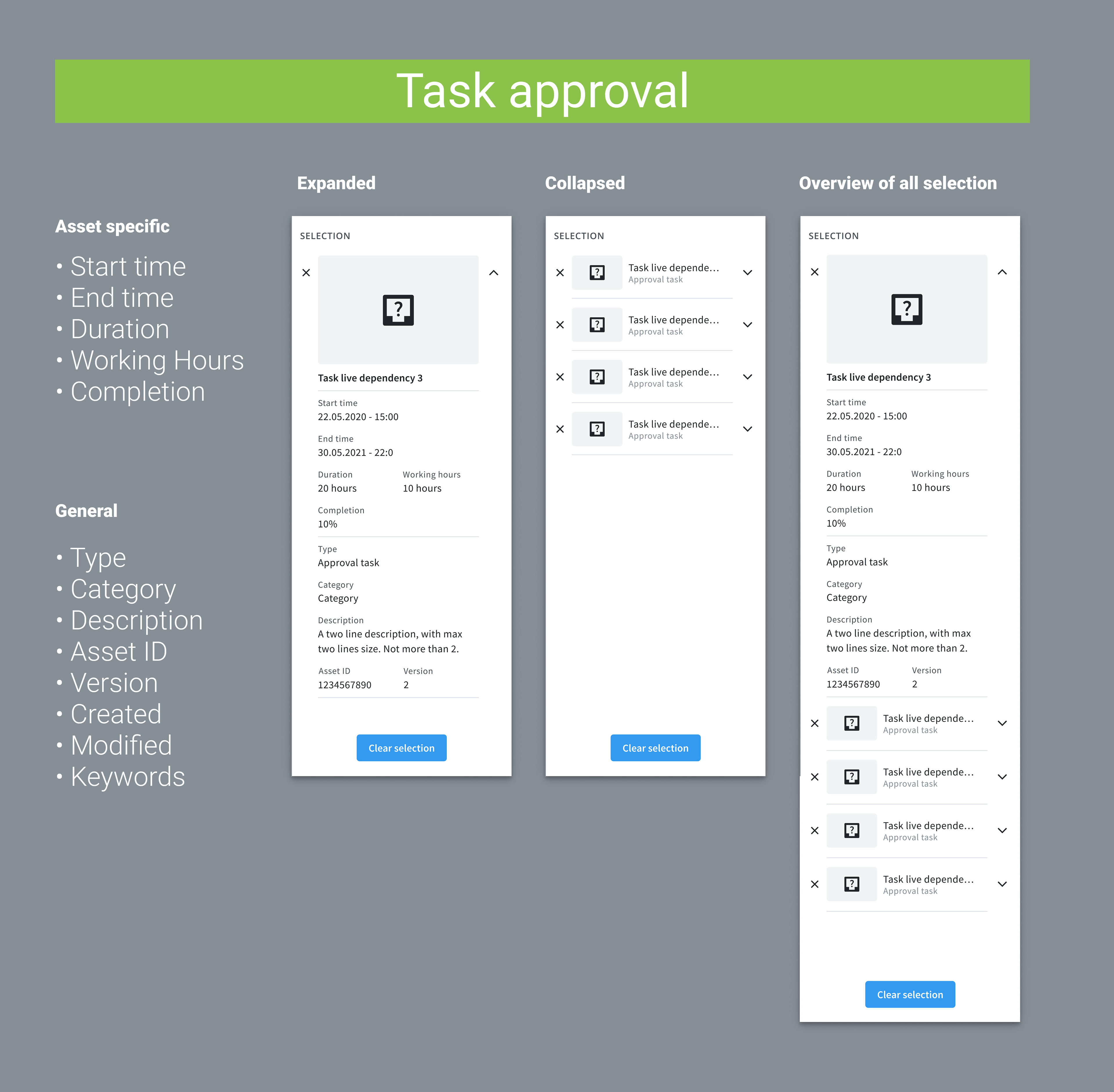 Selection data for Task Approval