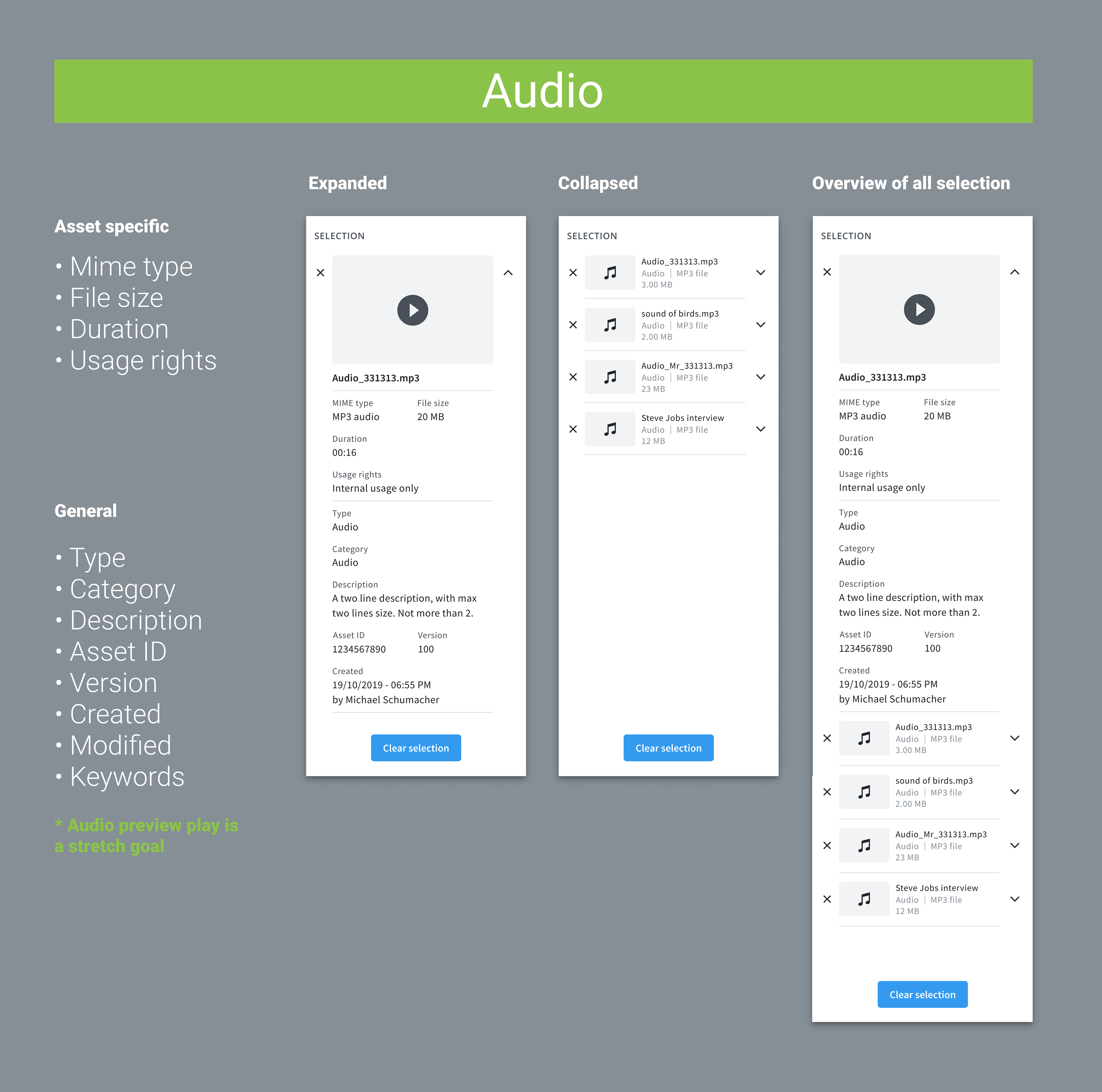 Selection data for Audio