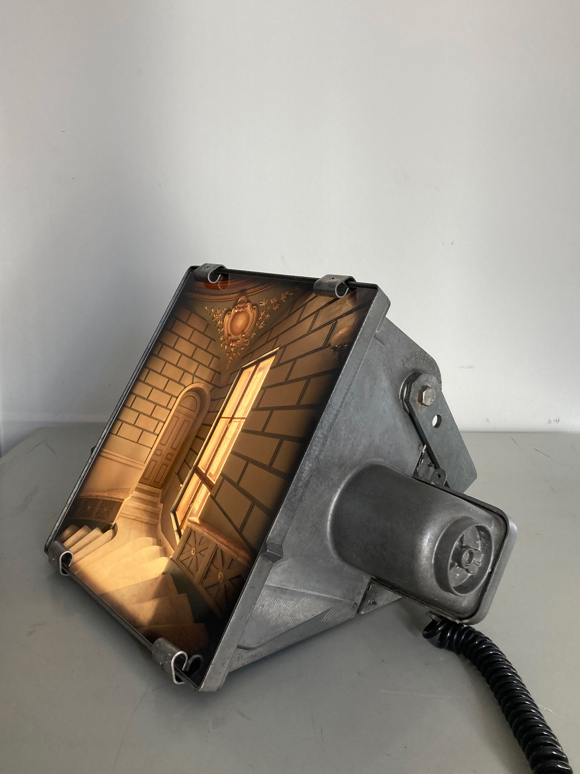 Romanian Athenaeum #3. Backlit photographic print. Industrial floodlight from the mid-20th century 35 × 31 × 28 cm. Unique piece