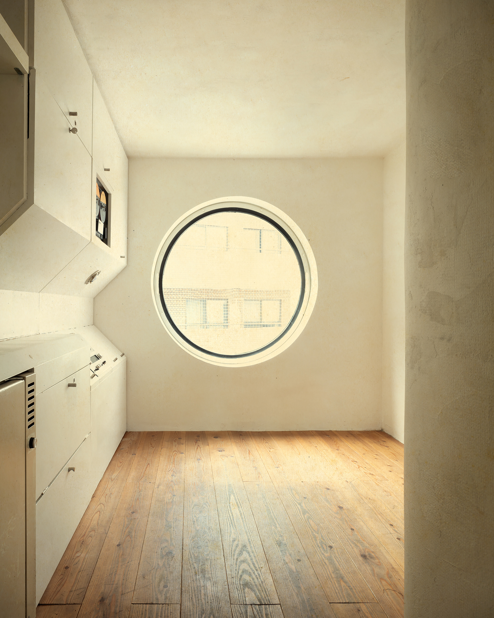 Nakagin Capsule Tower. Designed by Kisho Kurokawa. 1972. Duratran photographic print in a black wooden lightbox. 125x100cm. Edition of 3.