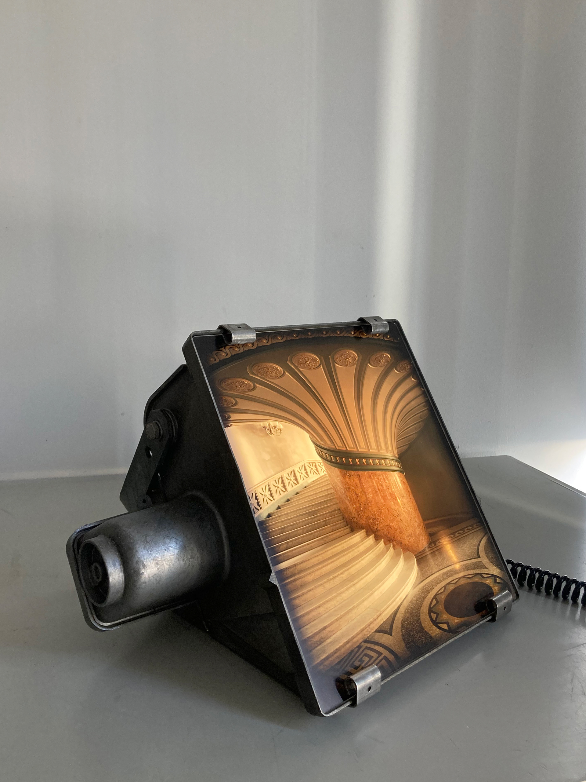 Romanian Athenaeum #4. Backlit photographic print. Industrial floodlight from the mid-20th century 35 × 31 × 28 cm. Unique piece