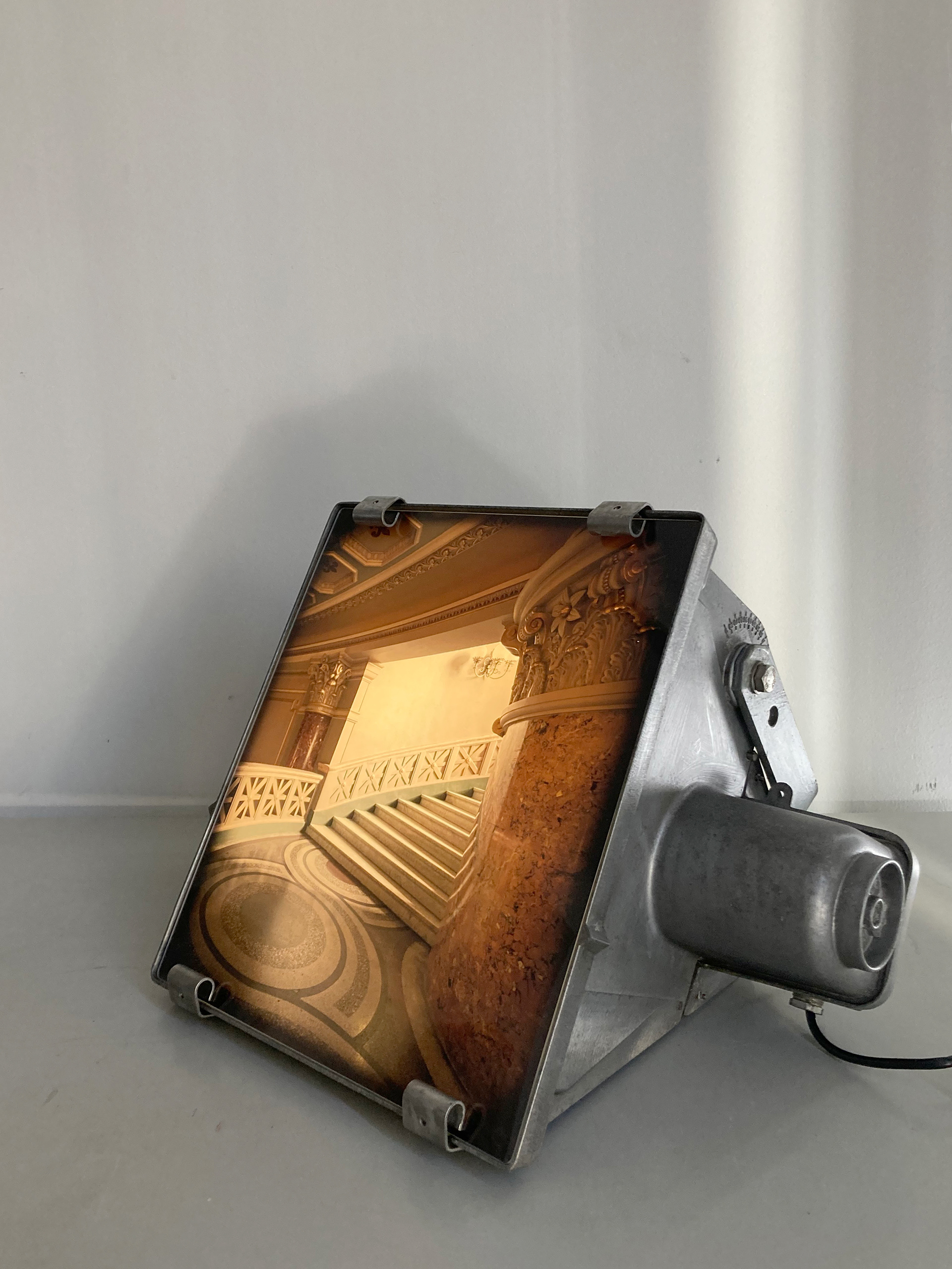 Romanian Athenaeum #3. Backlit photographic print. Industrial floodlight from the mid-20th century 35 × 31 × 28 cm. Unique piece
